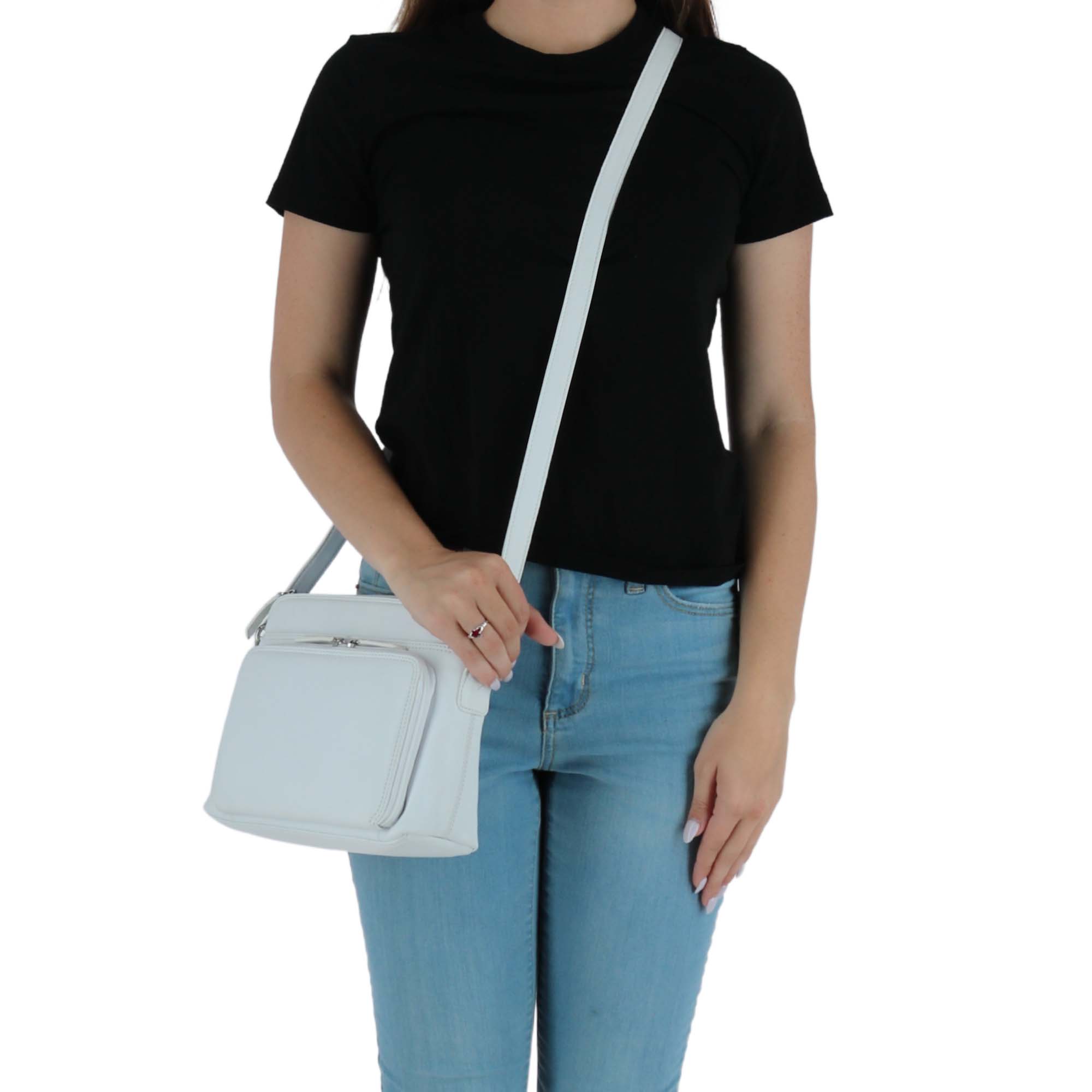 CTM® Women's Leather Shoulder Bag Purse with Side Organizer - White