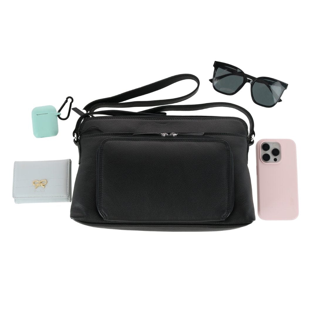 CTM® Women's Leather Shoulder Bag Purse w/ Side Organizer (Larger Version) - Black