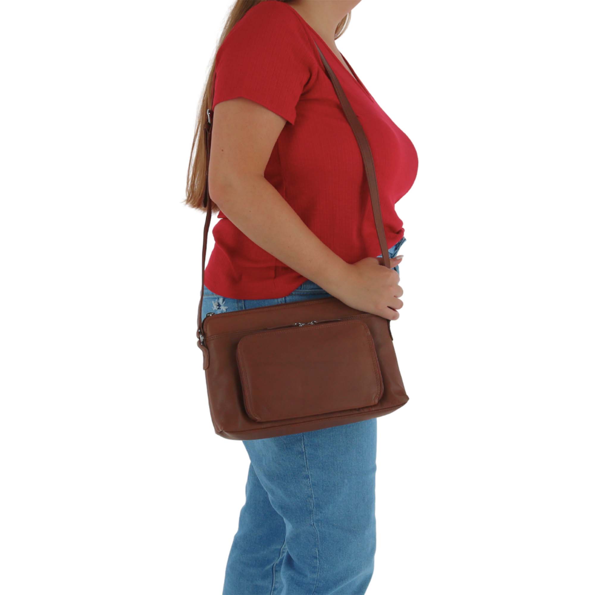 CTM® Women's Leather Shoulder Bag Purse w/ Side Organizer (Larger Version) - Toffee