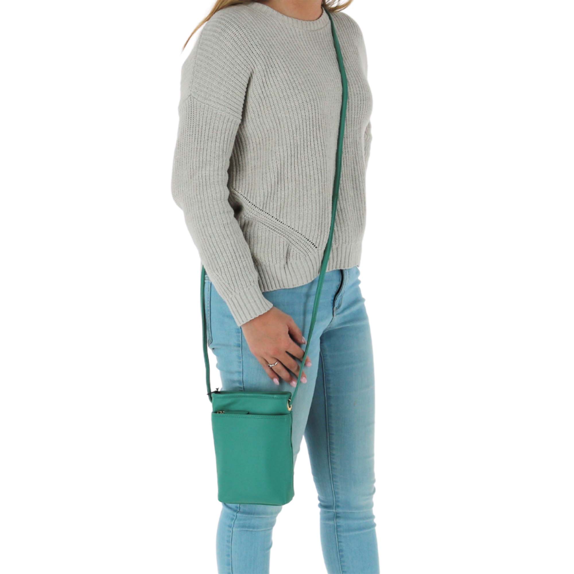 CTM® Women's Pebbled Grain Leather Open Top Mini Crossbody Bag - Teal