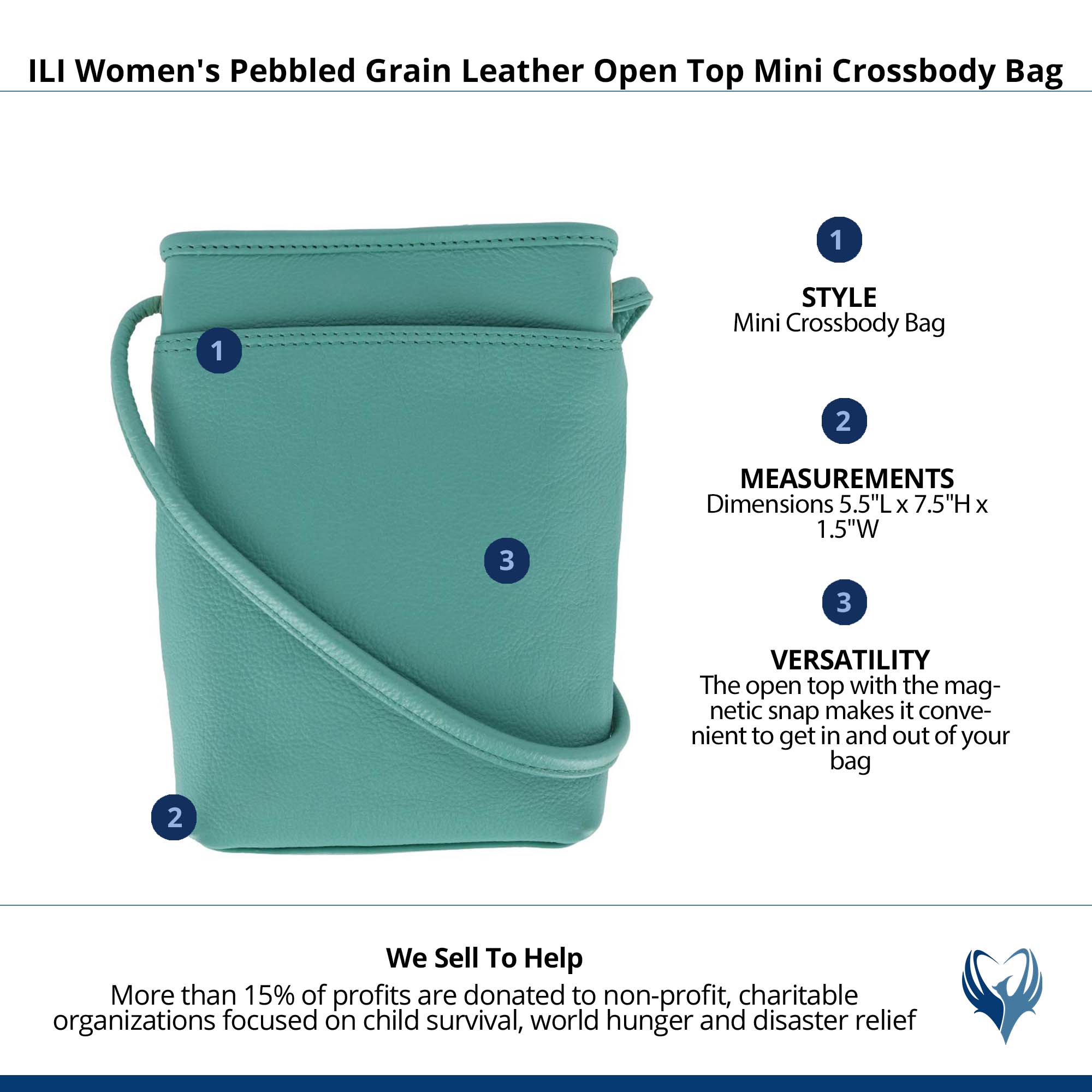 CTM® Women's Pebbled Grain Leather Open Top Mini Crossbody Bag - Teal