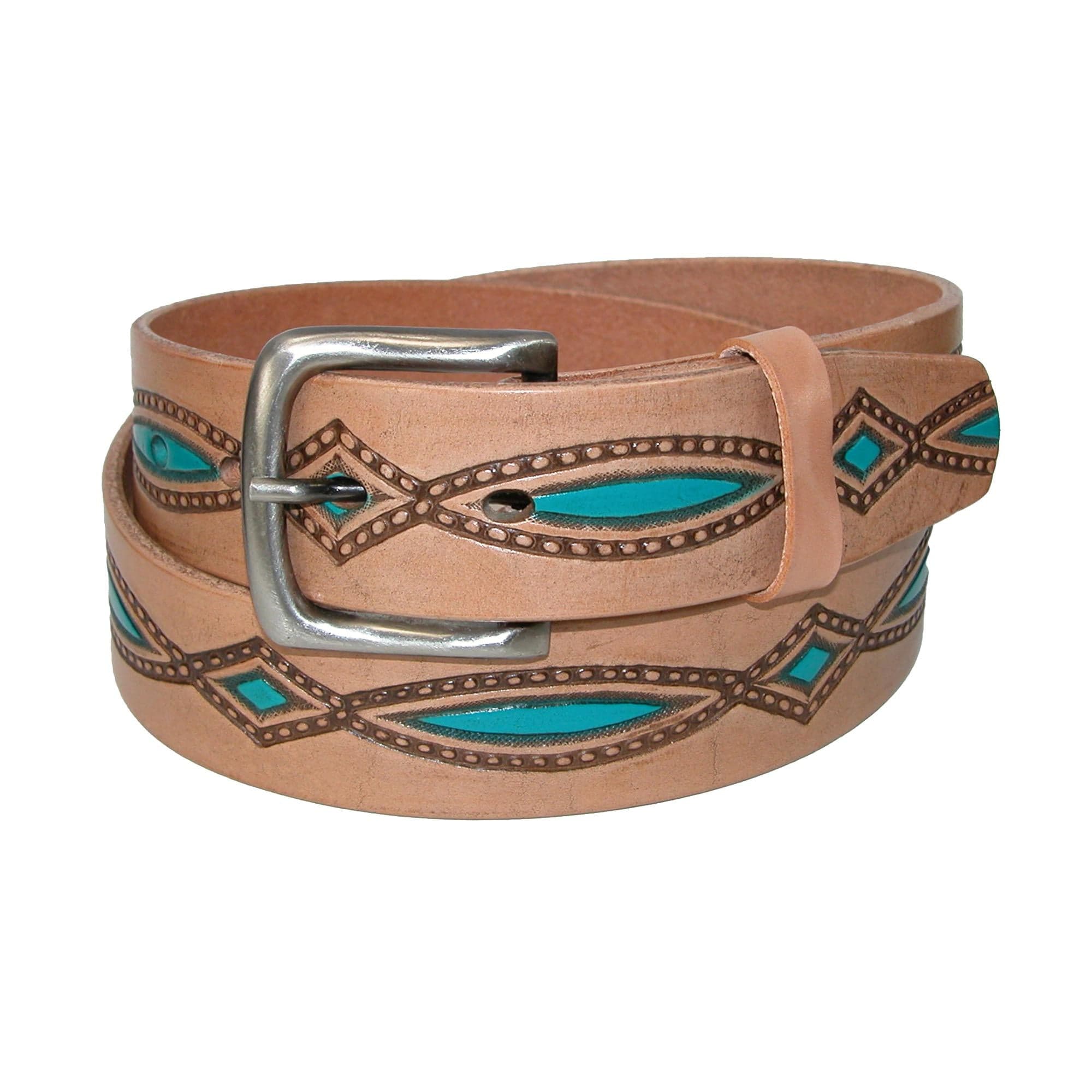 CTM® Men's Oil Tanned Leather Belt with Embossed Turquoise Accents