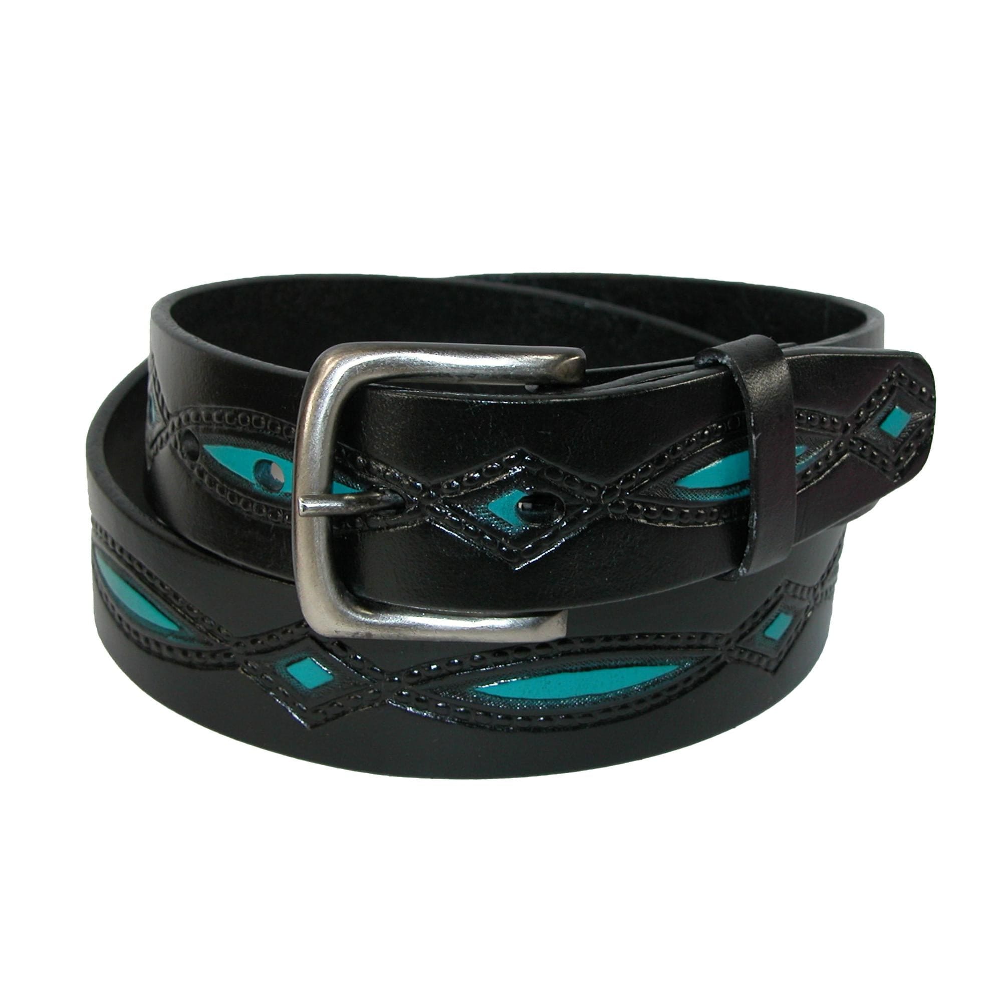 CTM® Men's Oil Tanned Leather Belt with Embossed Turquoise Accents - Men's Oil Tanned Leather Belt with Embossed Turquoise Accents