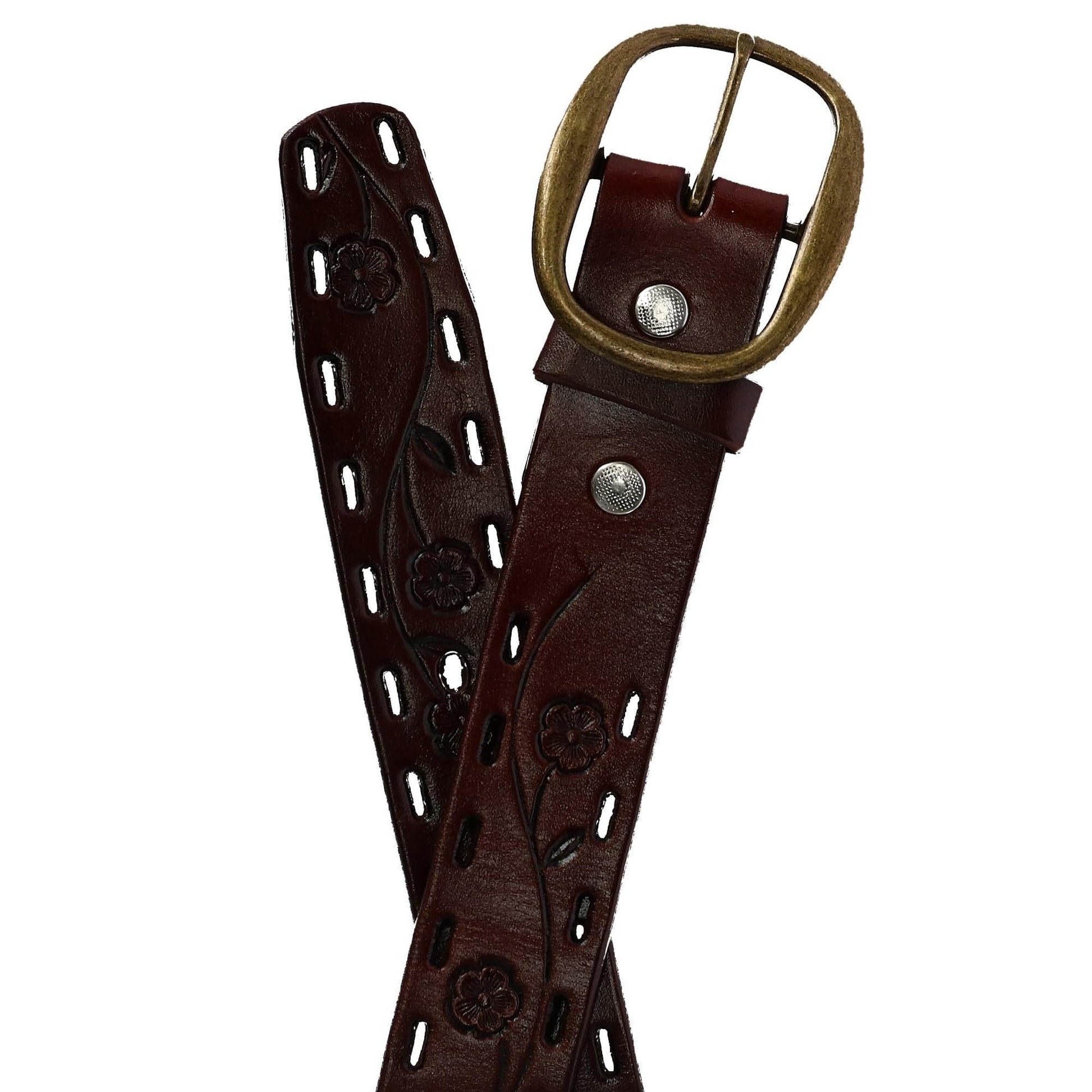 CTM® Women's Center Bar Buckle Belt with Flowers - Brown