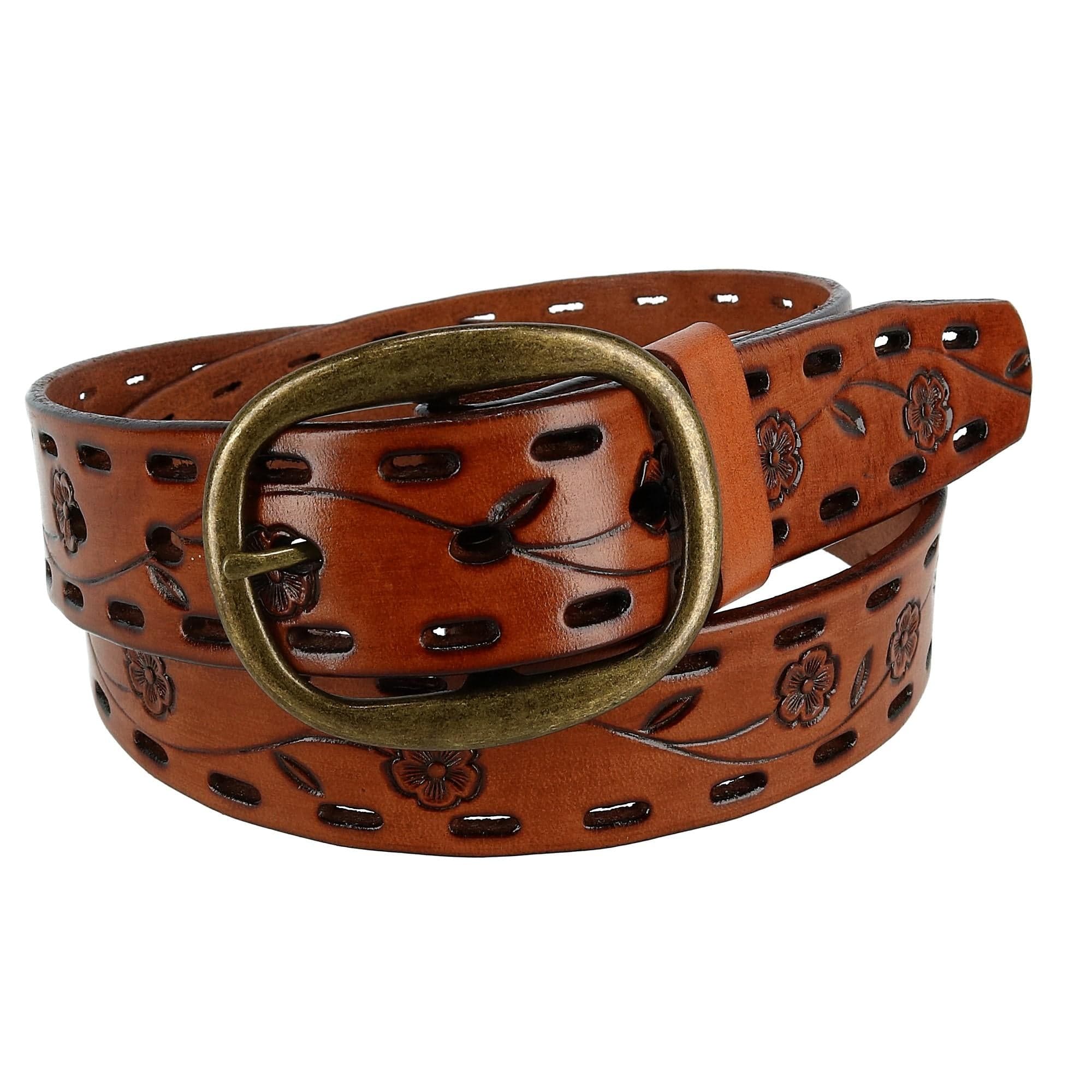 CTM® Women's Center Bar Buckle Belt with Flowers - Tan
