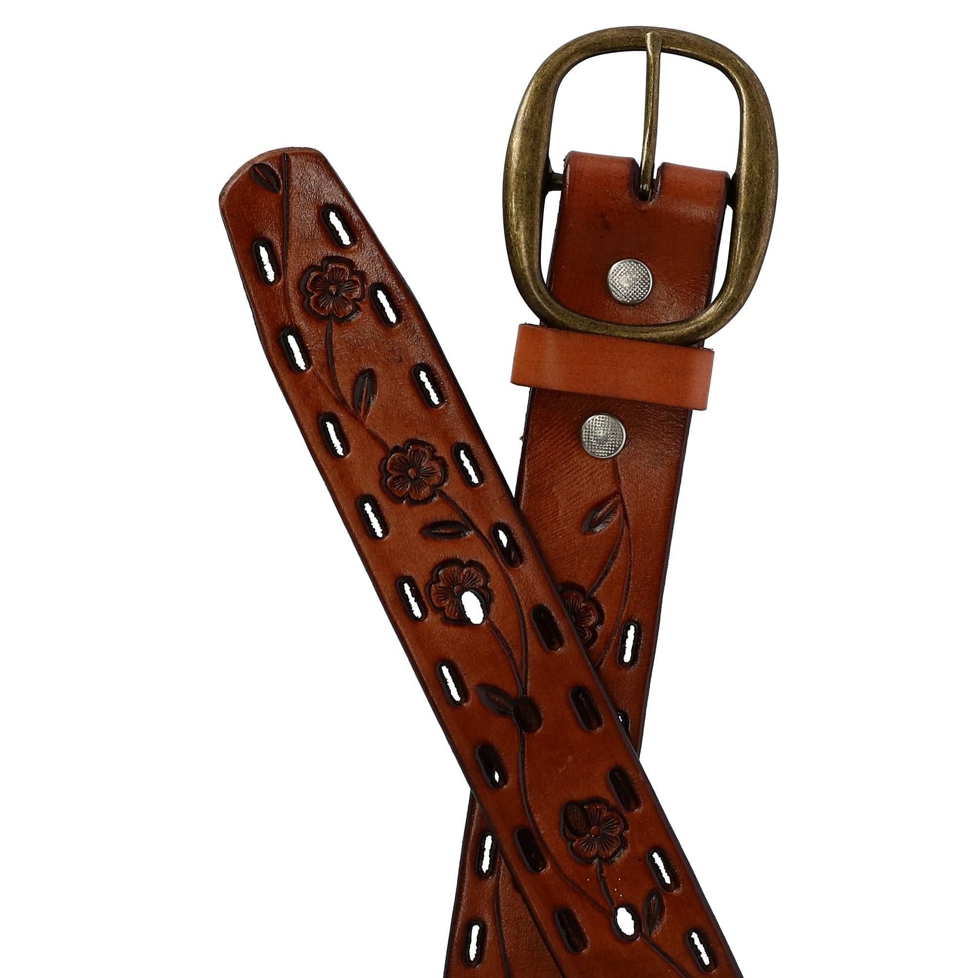 CTM® Women's Center Bar Buckle Belt with Flowers - Tan