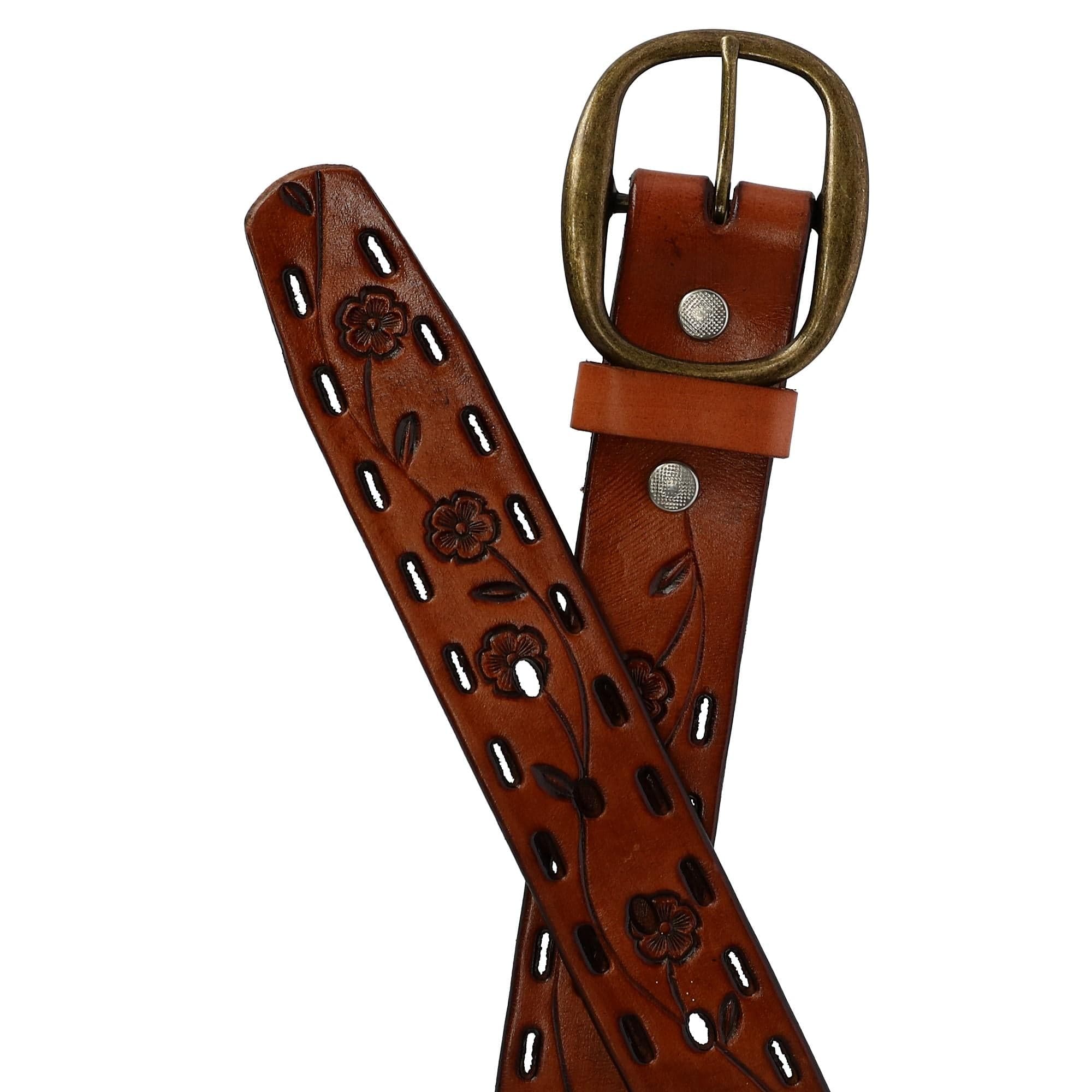 CTM® Women's Center Bar Buckle Belt with Flowers - Tan