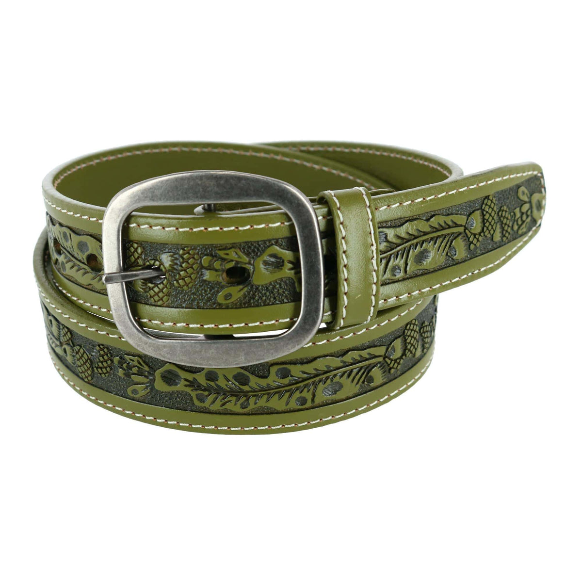 CTM® Leather Western Embossed Belt with Removable Buckle - Olive Green