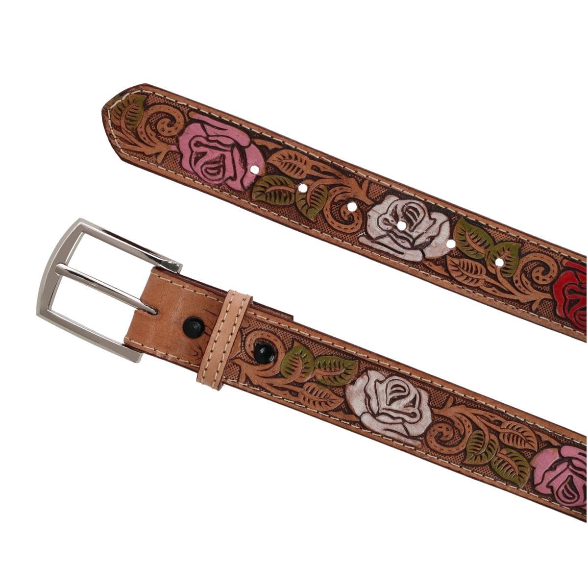 CTM® Women's Floral Embossed Belt with Western Buckle - Tan