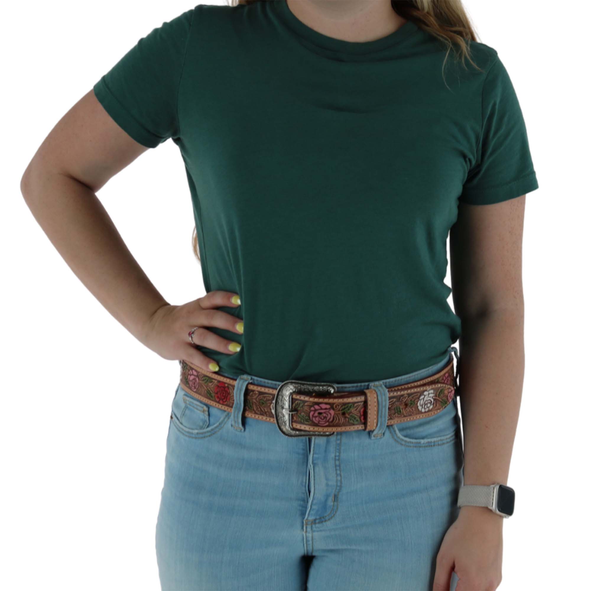 CTM® Women's Floral Embossed Belt with Western Buckle - Tan