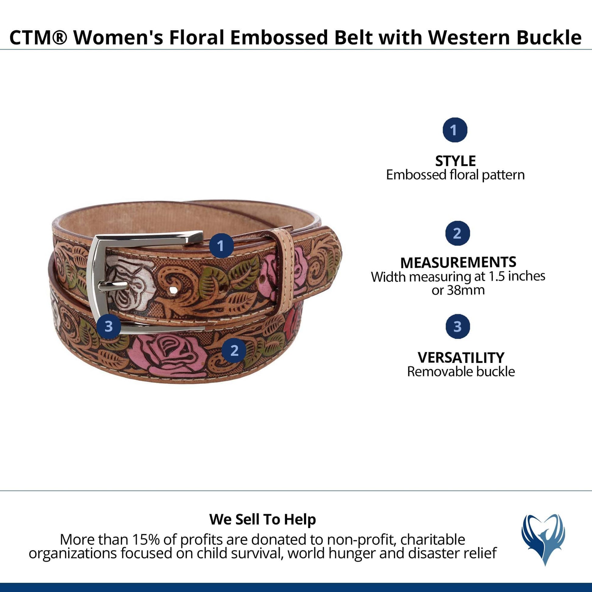 CTM® Women's Floral Embossed Belt with Western Buckle - Tan