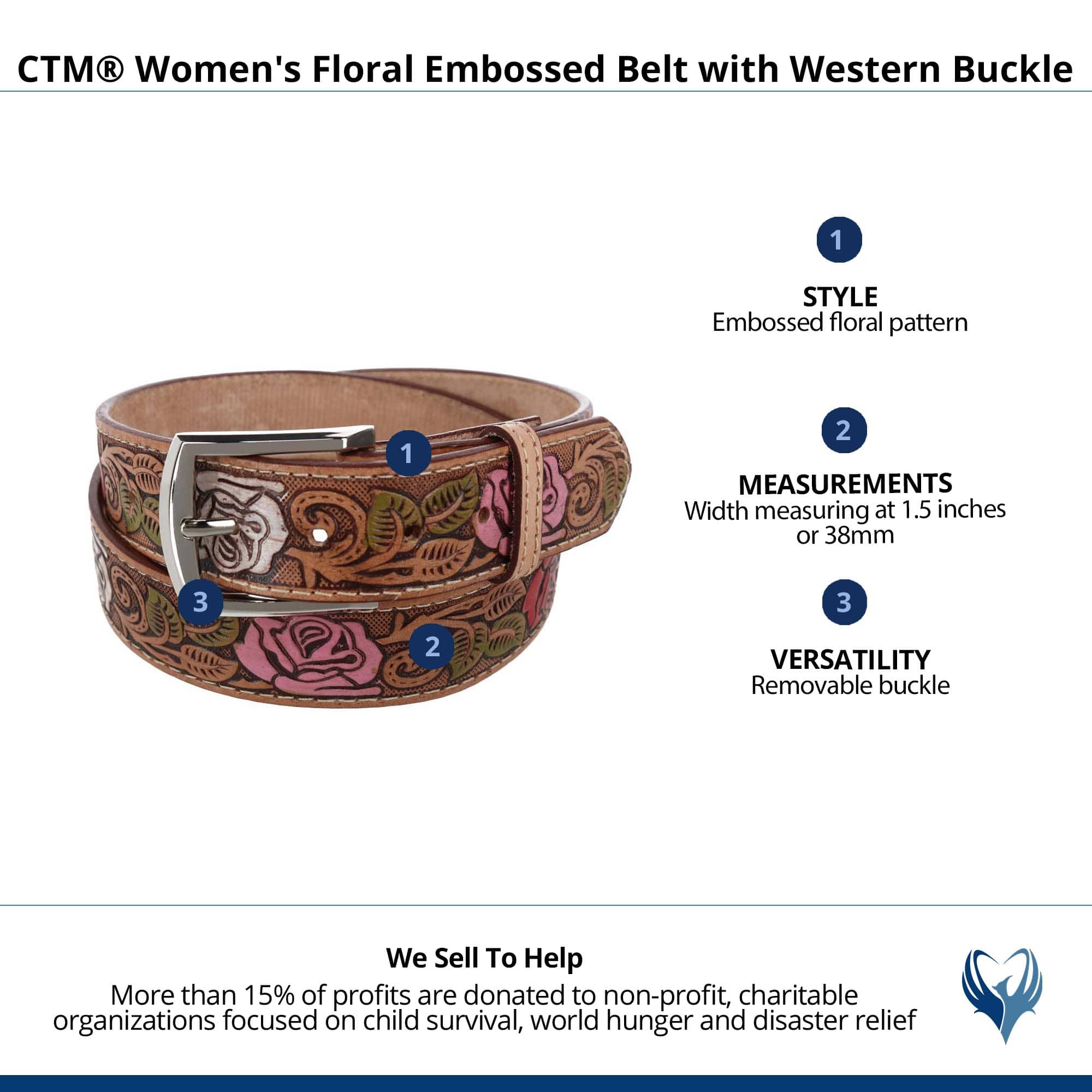 CTM® Women's Floral Embossed Belt with Western Buckle - Tan