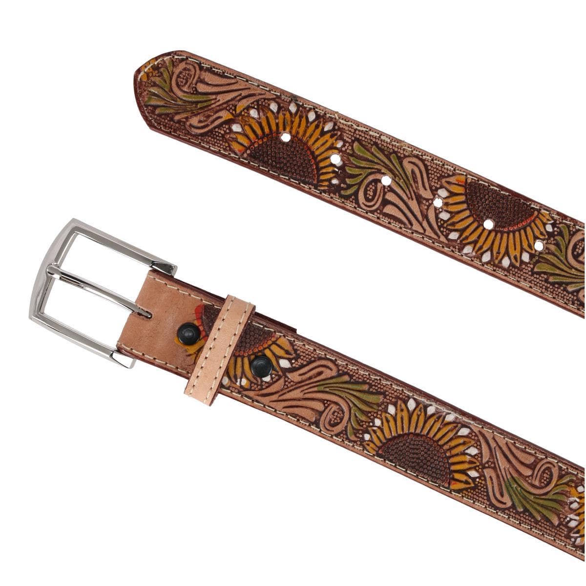 CTM® Women's 1.5 Inch Wide Sunflower Embossed Western Belt - Tan
