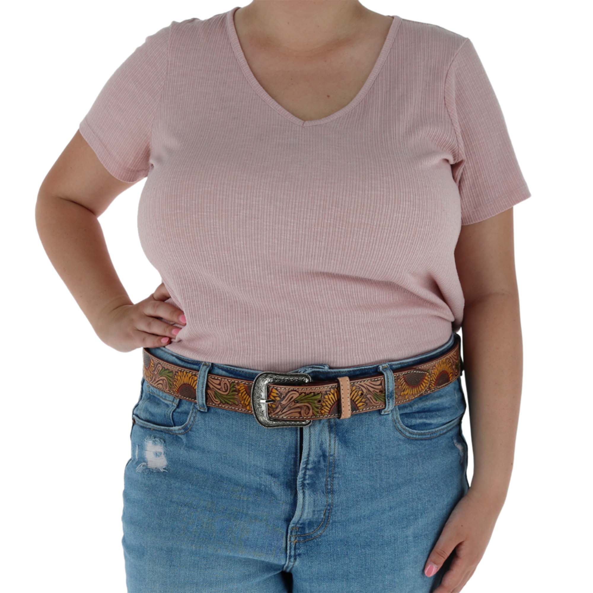 CTM® Women's 1.5 Inch Wide Sunflower Embossed Western Belt - Tan