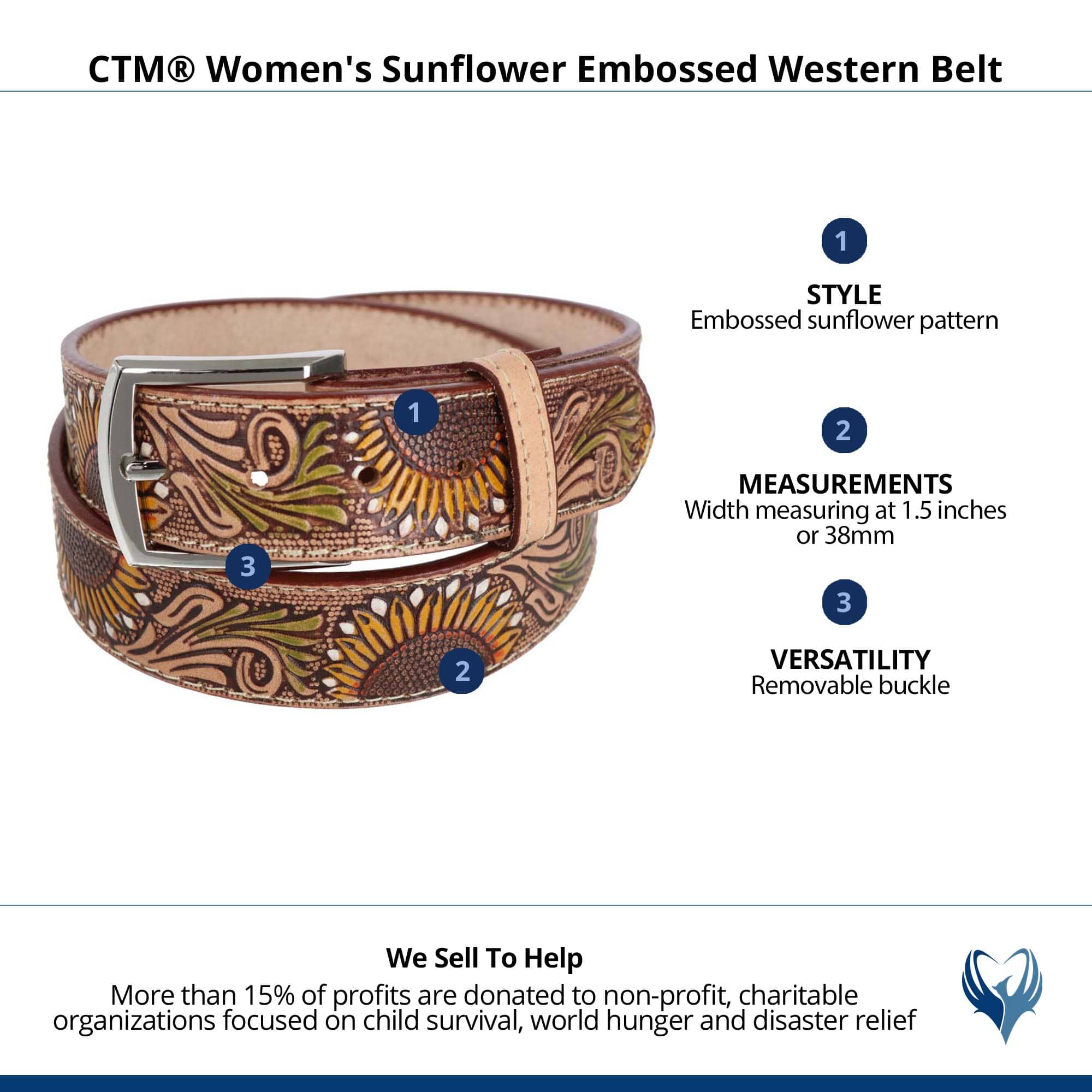 CTM® Women's 1.5 Inch Wide Sunflower Embossed Western Belt - Tan