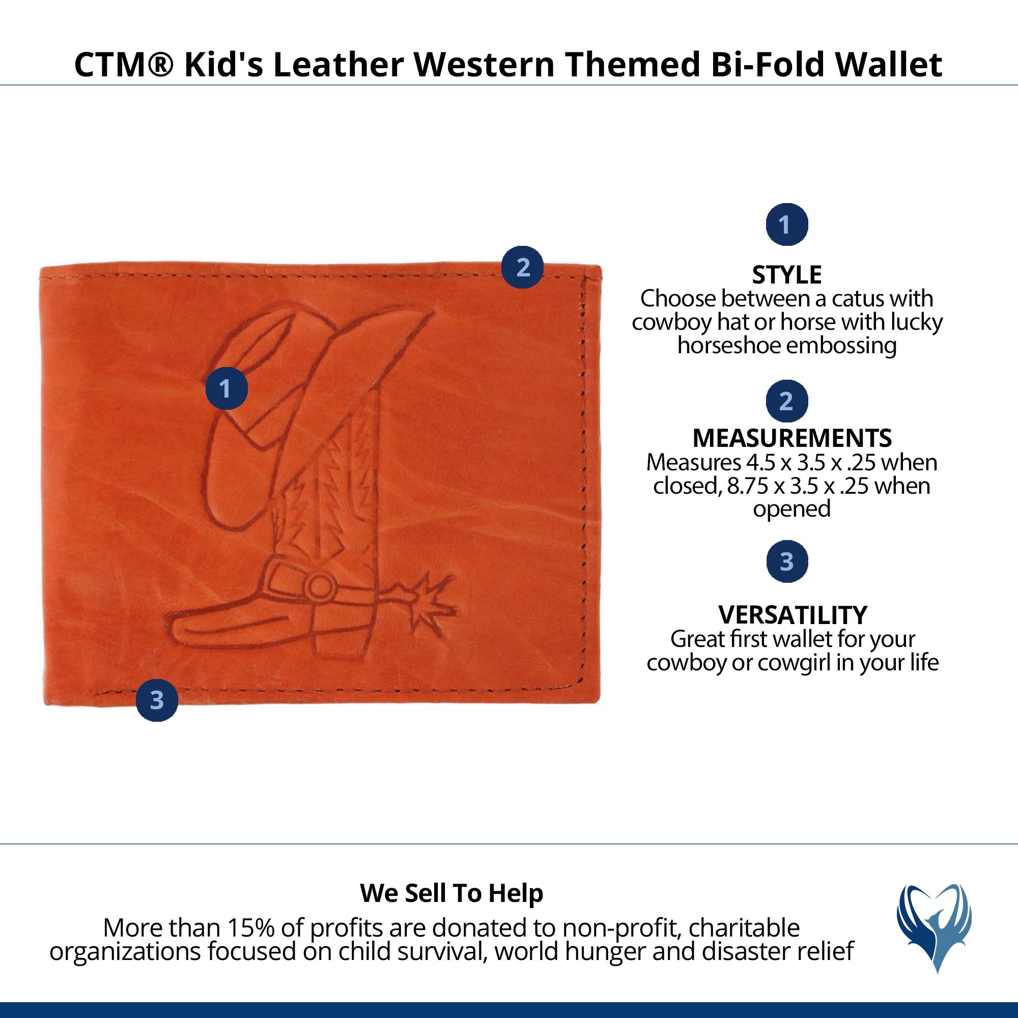 CTM® Kid's Leather Western Themed Bi-Fold Wallet - Cowboy Hat and Cowboy Boot