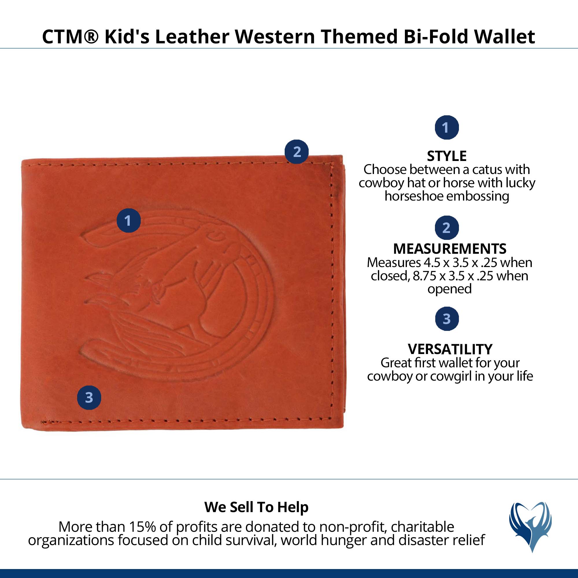 CTM® Kid's Leather Western Themed Bi-Fold Wallet - Horse and Horseshoe