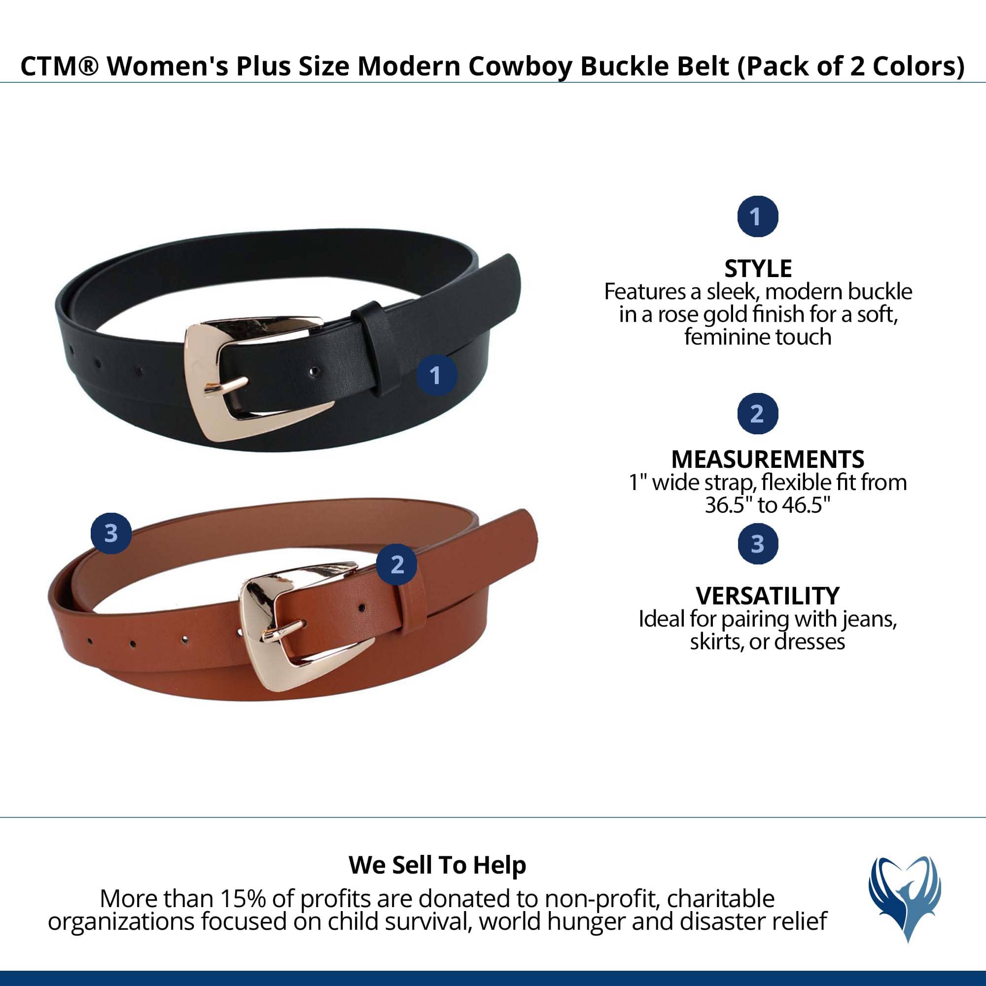CTM® Women's Plus Size Modern Cowboy Buckle Belt (Pack of 2 Colors) - Black & Cognac