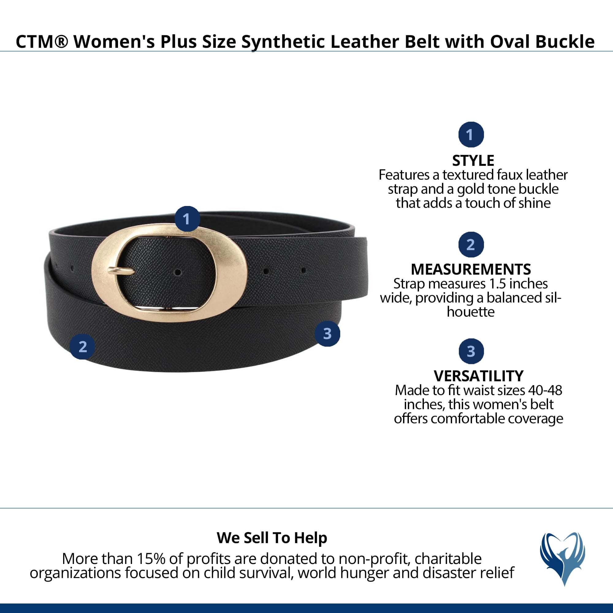 CTM® Women's Plus Size Synthetic Leather Belt with Oval Buckle - Black