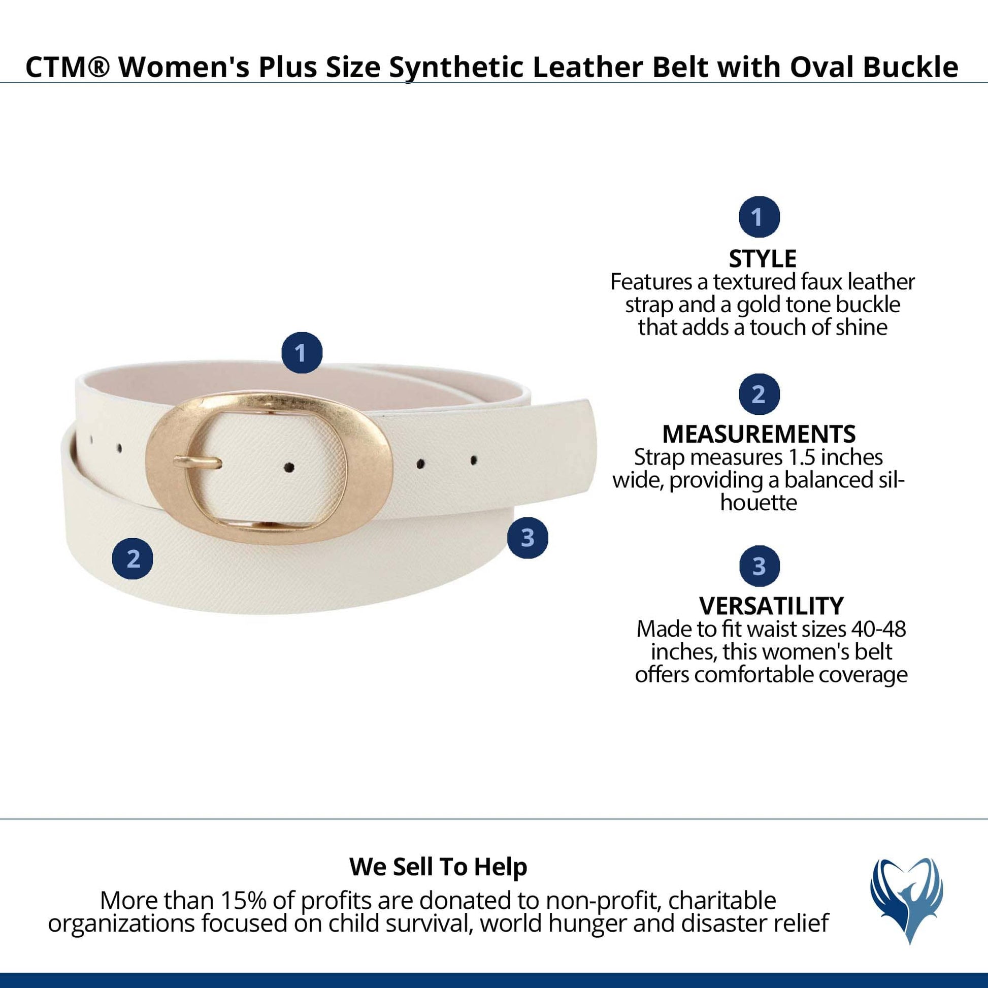 CTM® Women's Plus Size Synthetic Leather Belt with Oval Buckle - Ivory