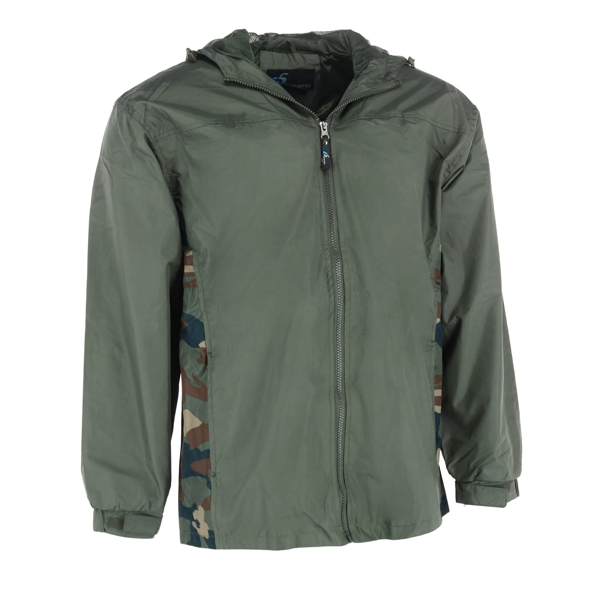 I5 Apparel Men's Hooded Windbreaker Rain Jacket with Camo Side Panel - Olive Camo