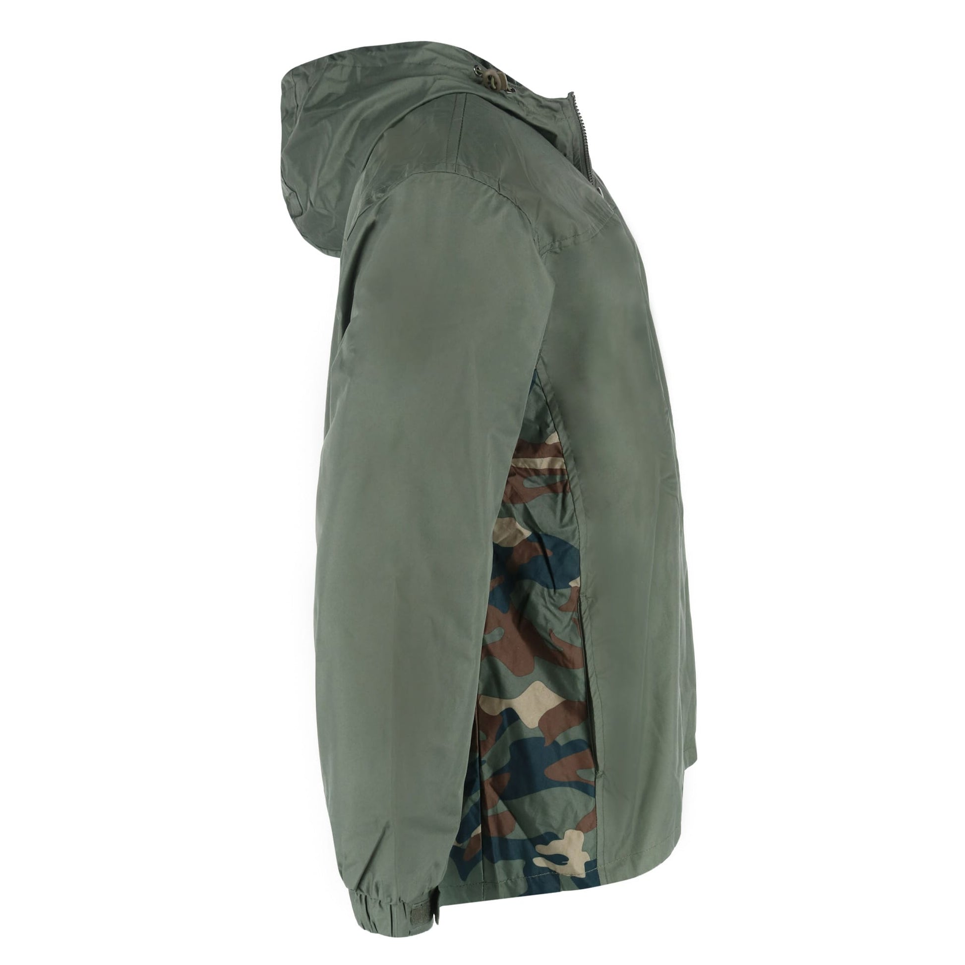 I5 Apparel Men's Hooded Windbreaker Rain Jacket with Camo Side Panel - Olive Camo