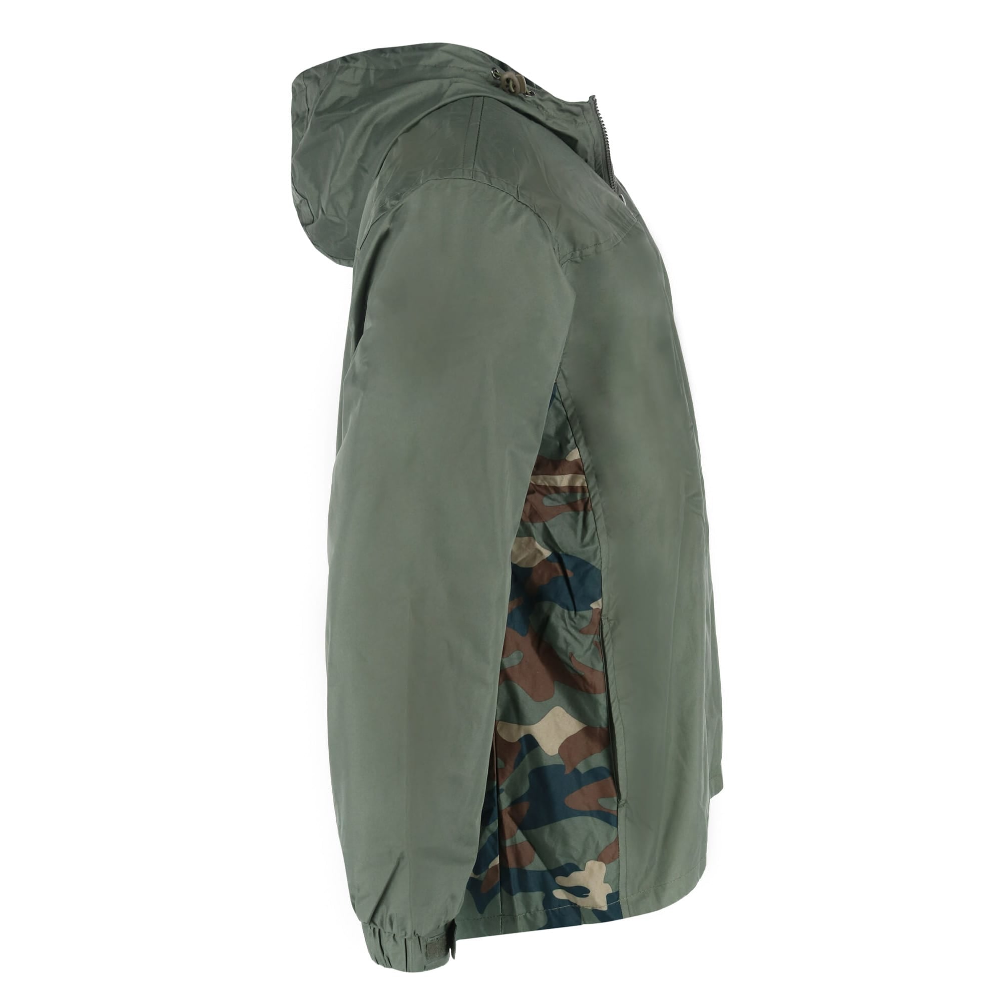 I5 Apparel Men's Hooded Windbreaker Rain Jacket with Camo Side Panel - Olive Camo