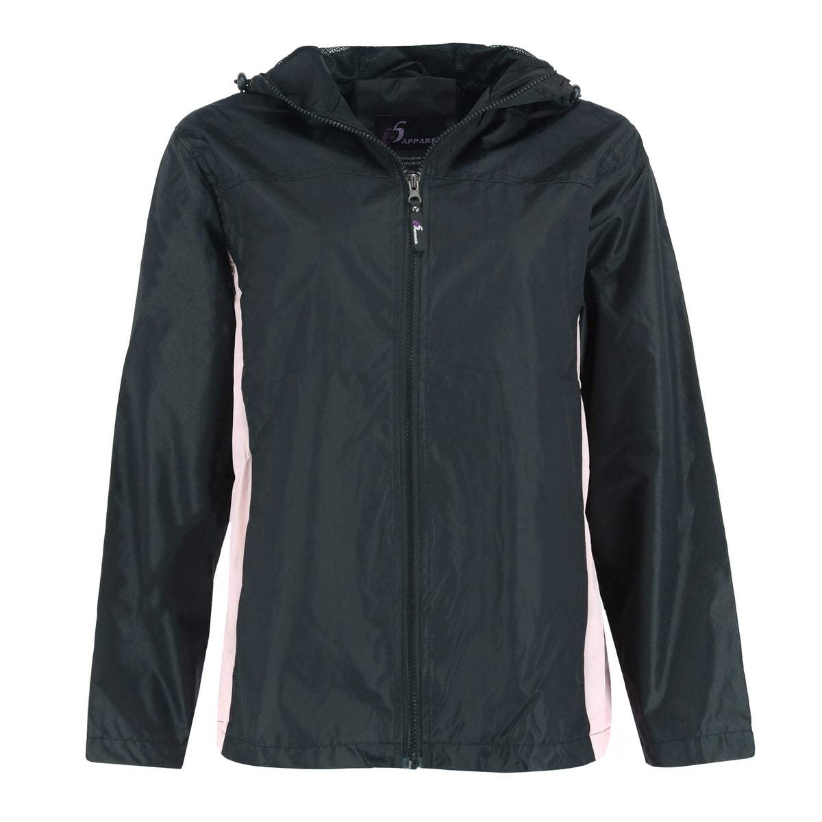 I5 Apparel Women's Hooded Windbreaker Rain Jacket with Side Panel - Black/Pink