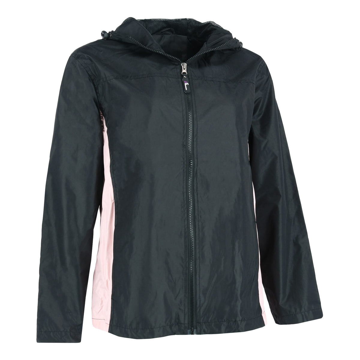 I5 Apparel Women's Hooded Windbreaker Rain Jacket with Side Panel - Black/Pink