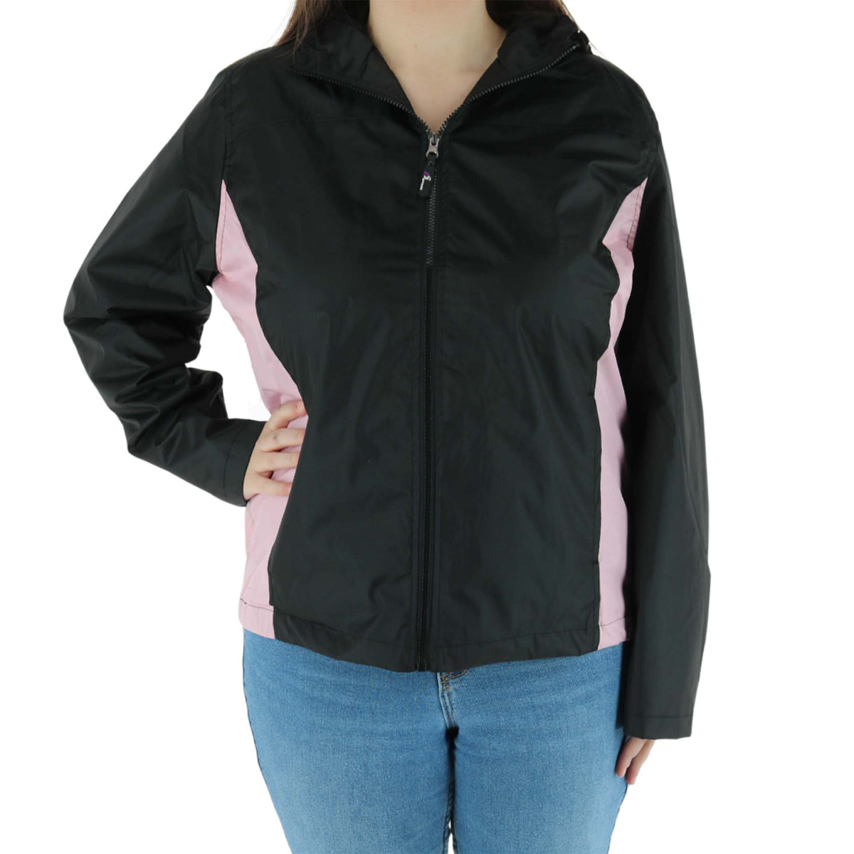 I5 Apparel Women's Hooded Windbreaker Rain Jacket with Side Panel - Black/Pink