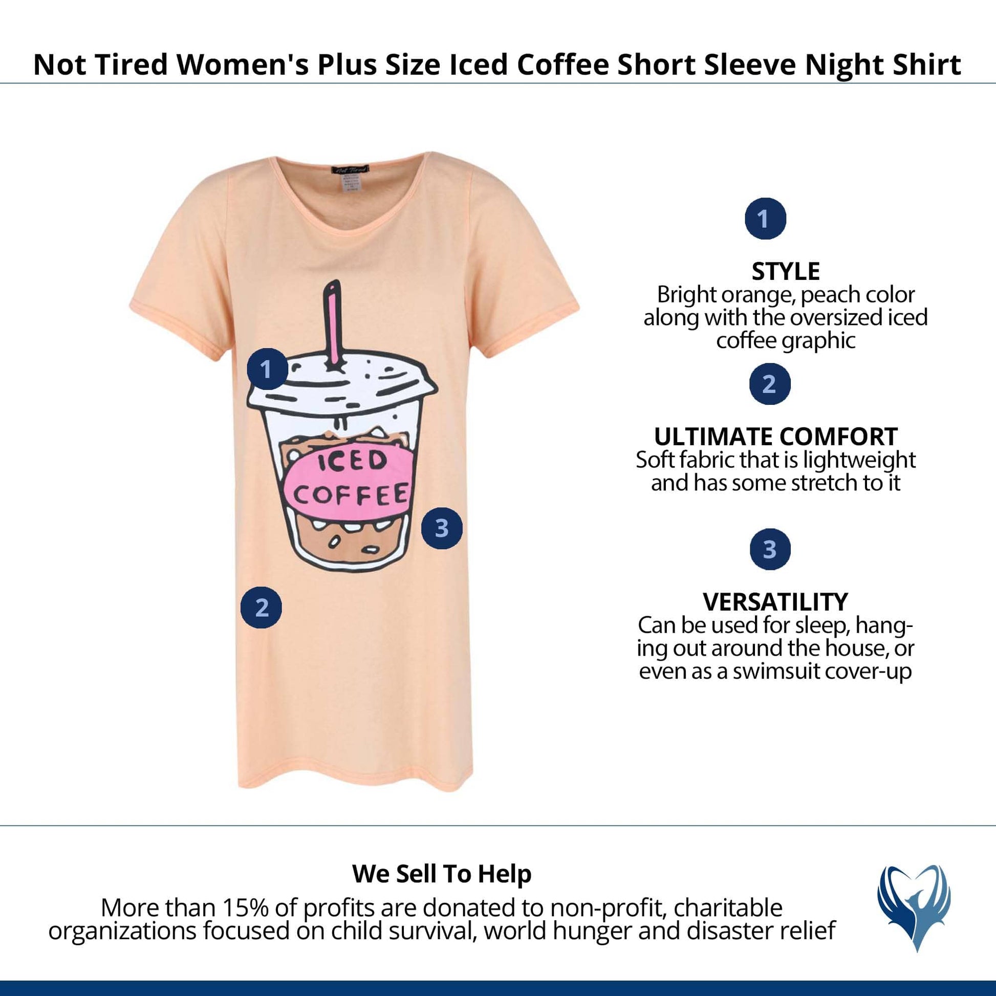 Not Tired Women's Plus Size Iced Coffee Short Sleeve Night Shirt - Orange