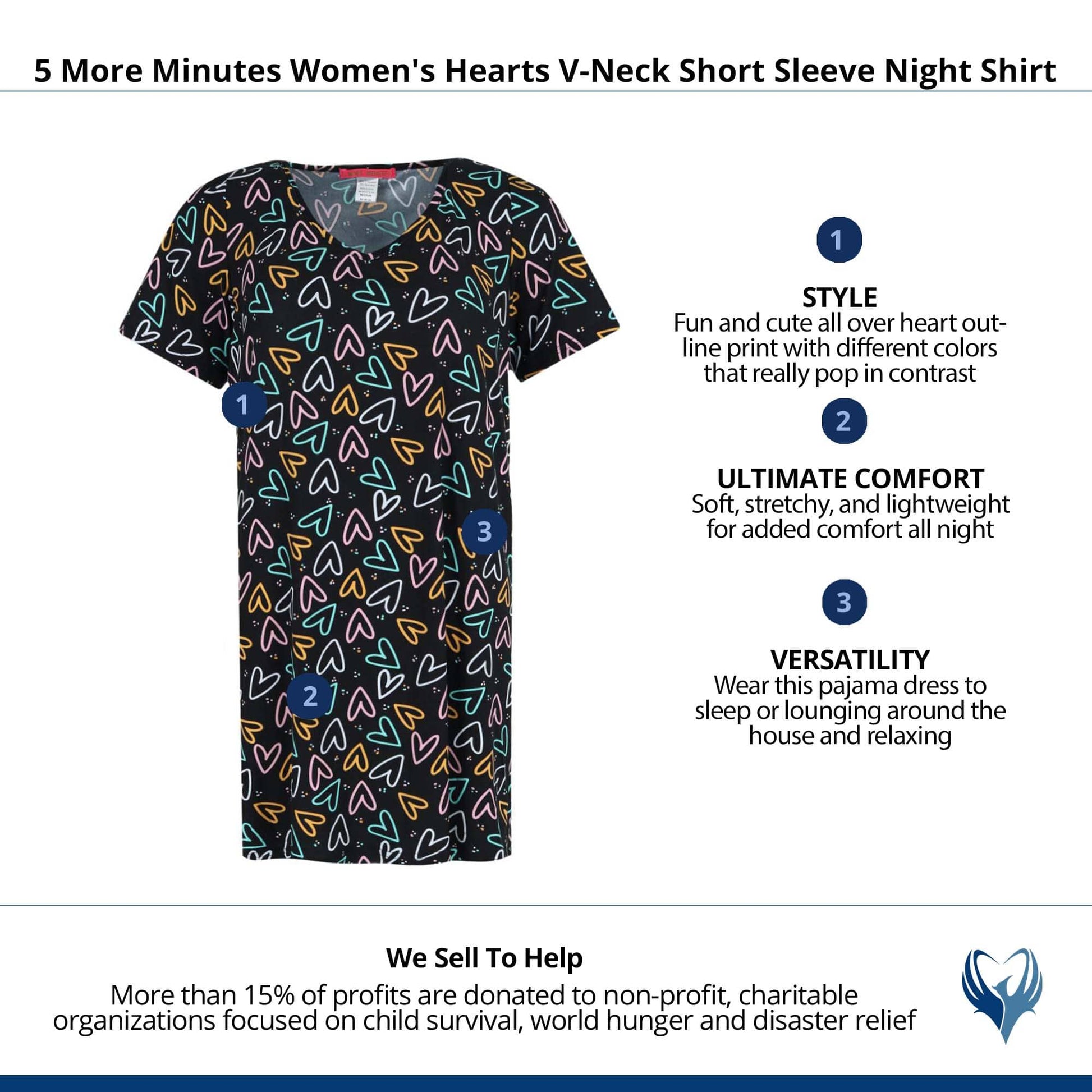 5 More Minutes Women's Hearts V-Neck Short Sleeve Night Shirt - Black