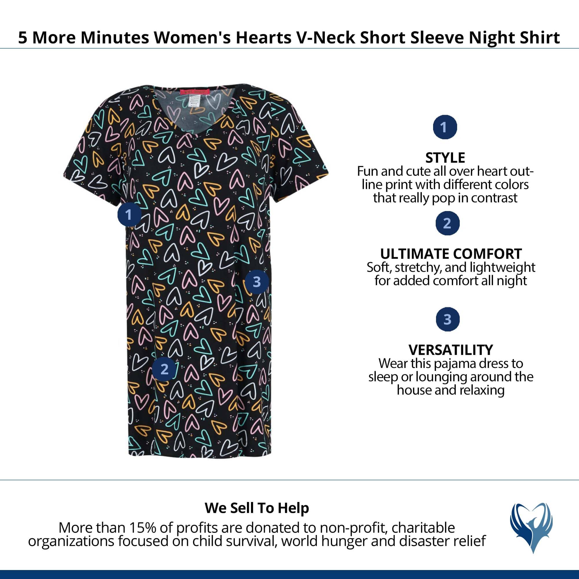 5 More Minutes Women's Hearts V-Neck Short Sleeve Night Shirt - Black
