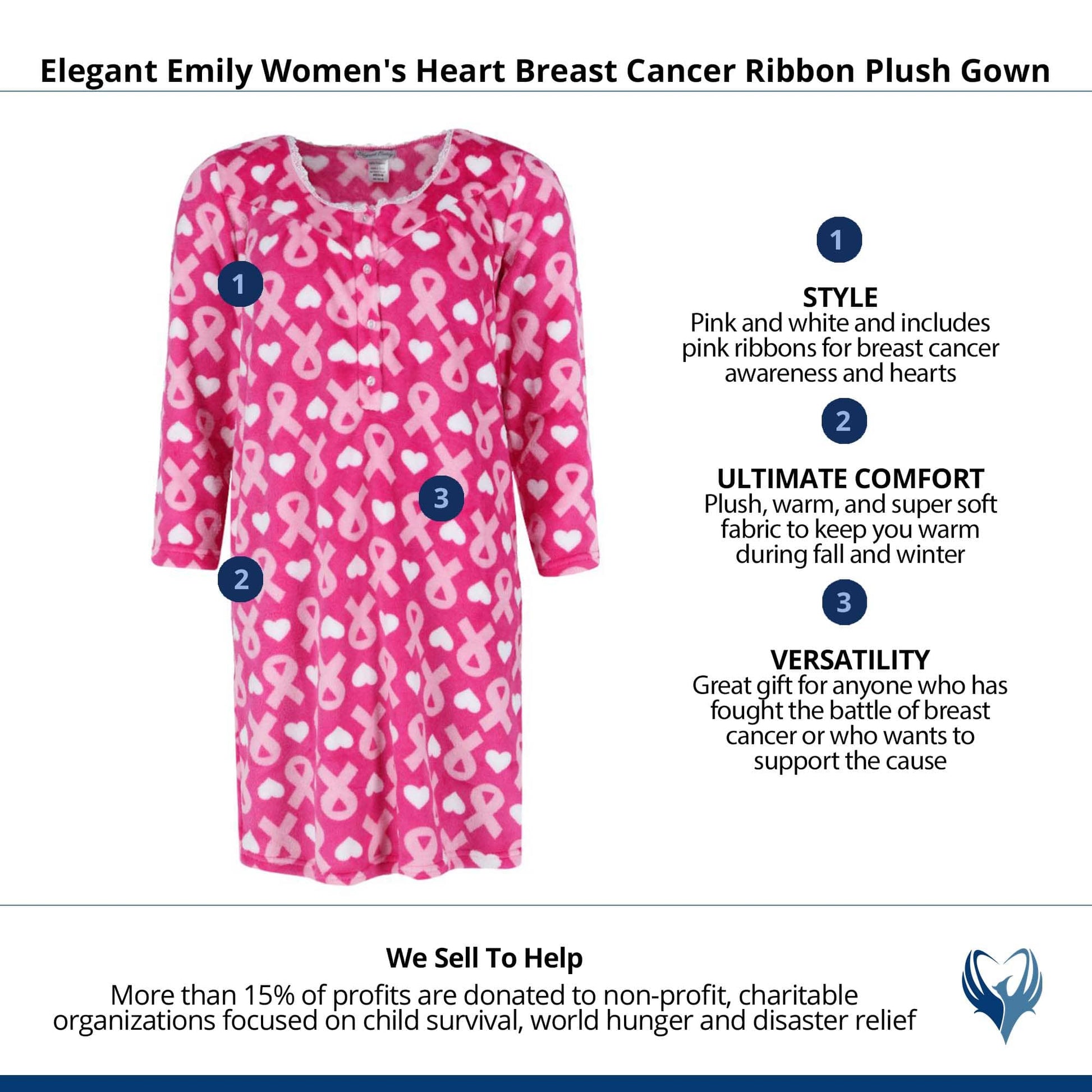 Elegant Emily Women's Heart Breast Cancer Ribbon Plush Gown - Pink