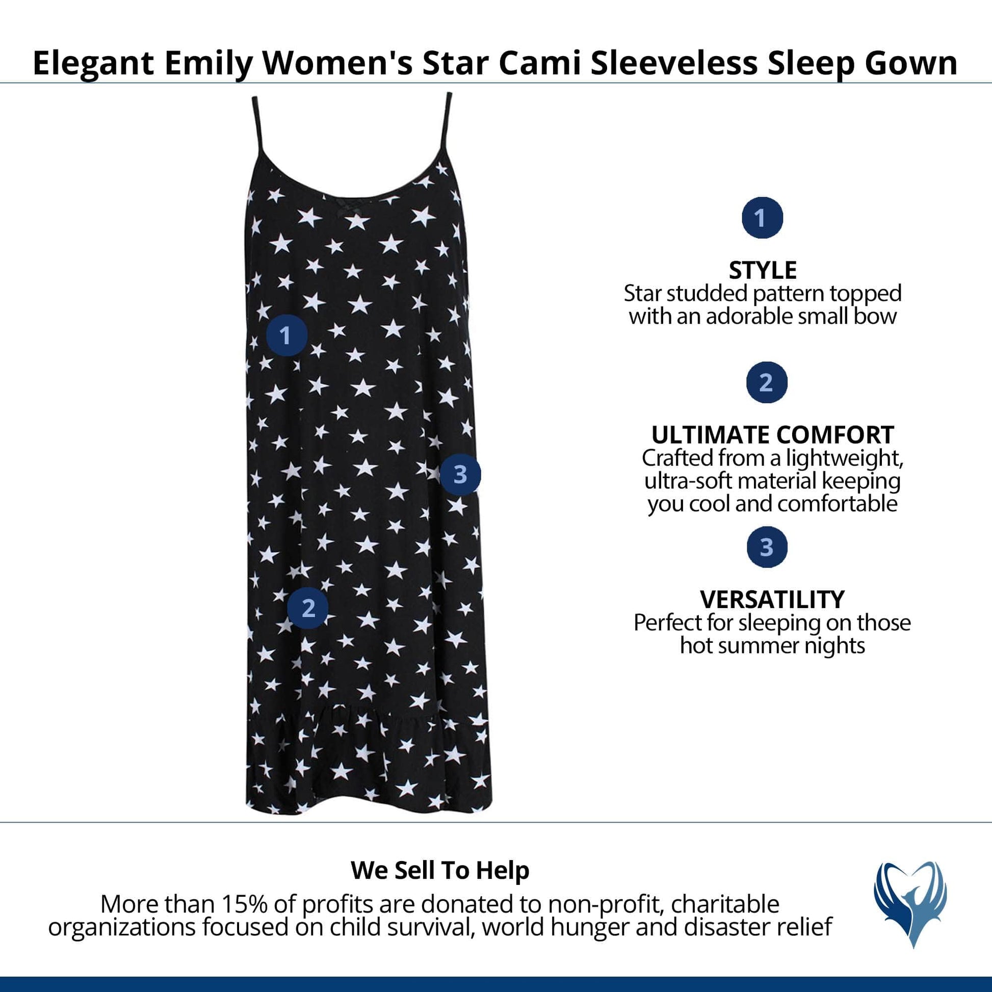 Elegant Emily Women's Star Cami Sleeveless Sleep Gown - Black