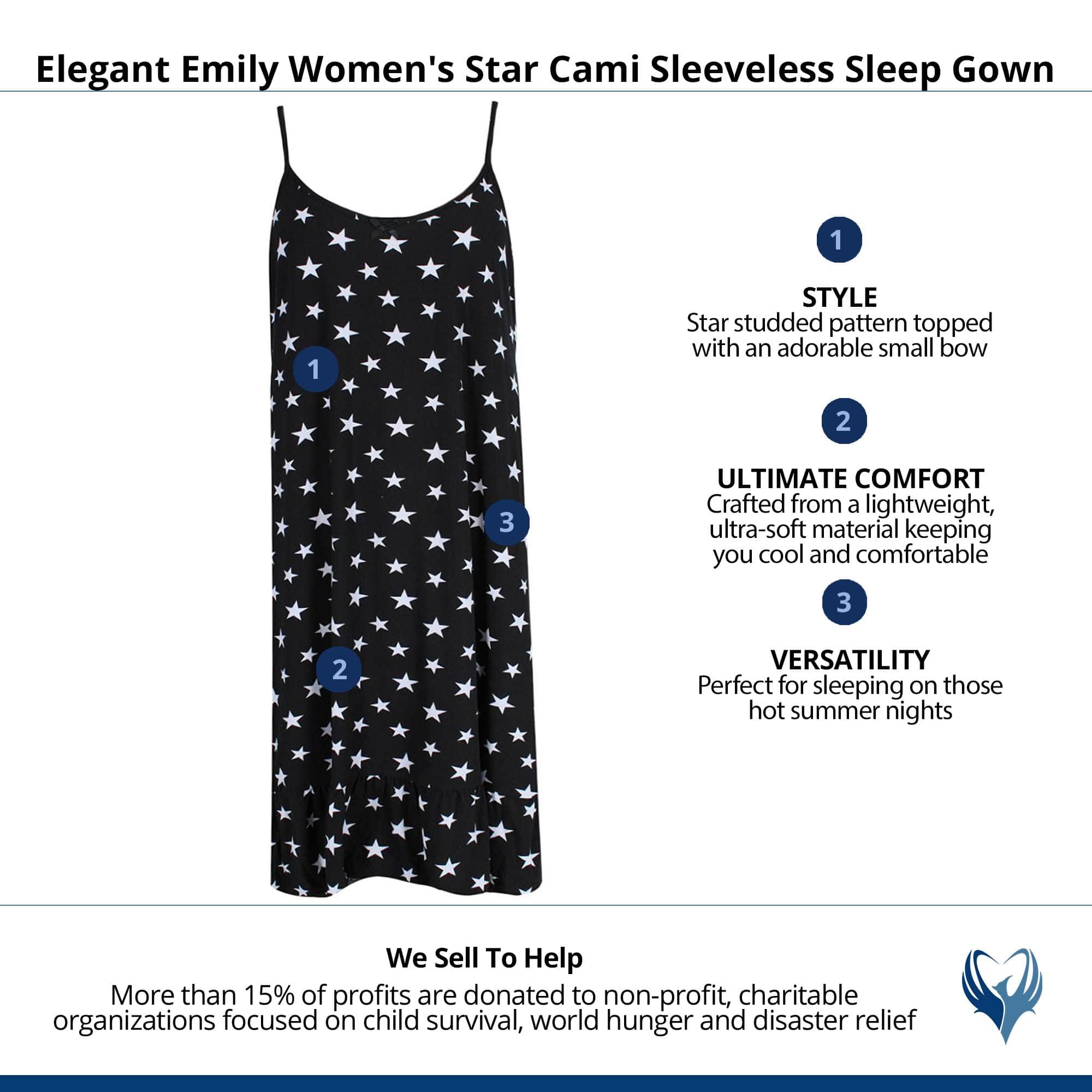 Elegant Emily Women's Star Cami Sleeveless Sleep Gown - Black