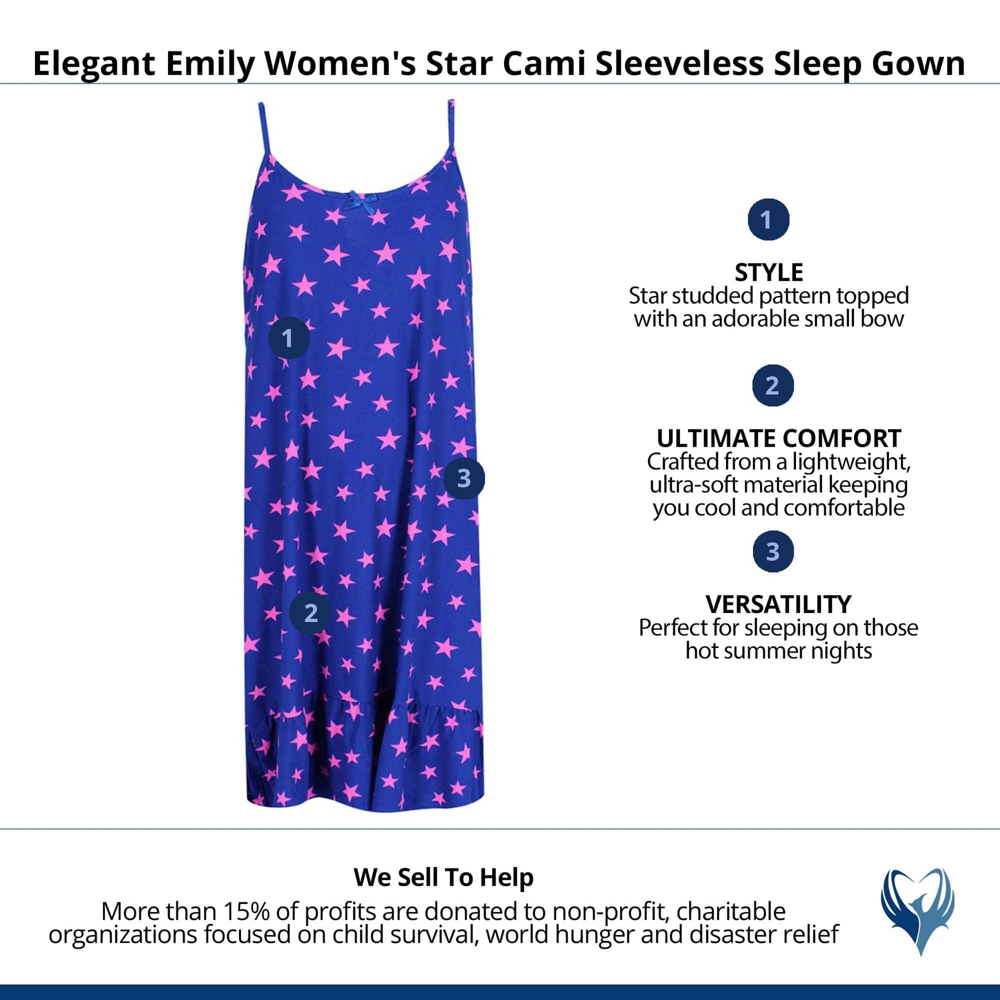 Elegant Emily Women's Star Cami Sleeveless Sleep Gown - Blue
