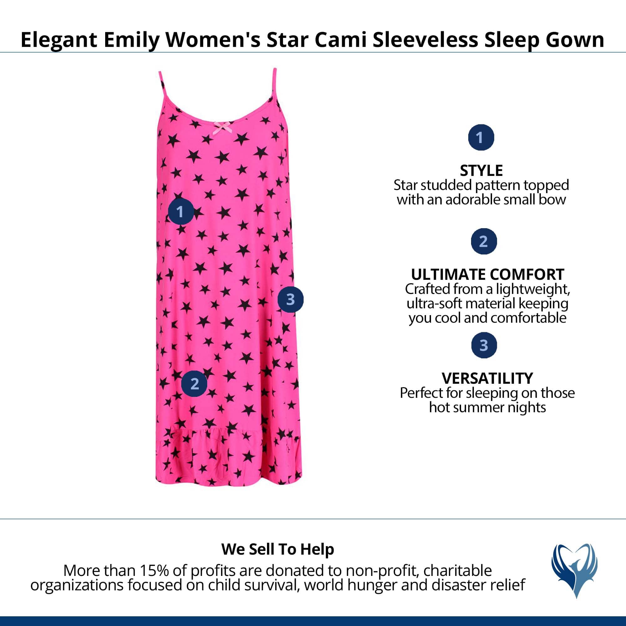 Elegant Emily Women's Star Cami Sleeveless Sleep Gown - Pink