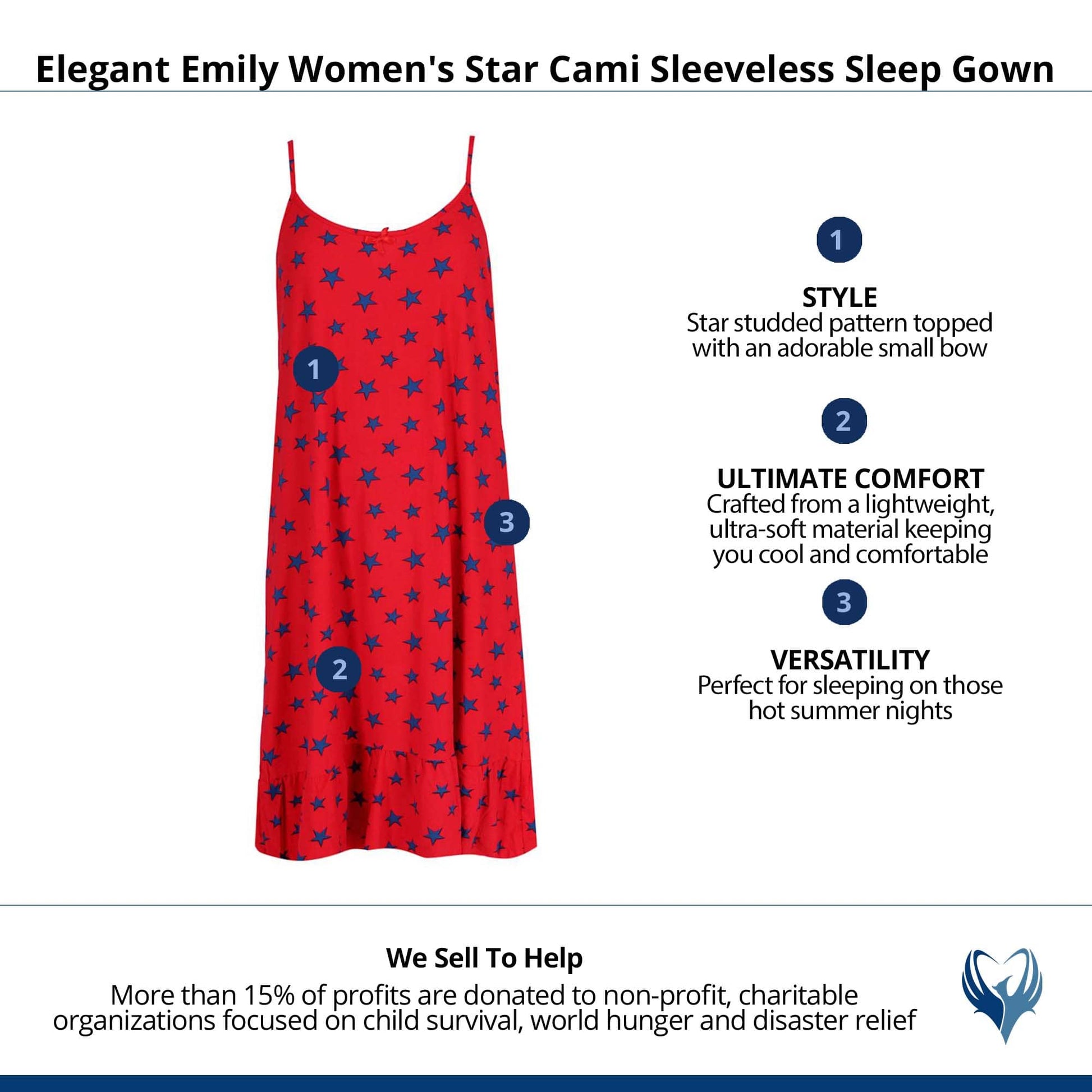 Elegant Emily Women's Star Cami Sleeveless Sleep Gown - Red