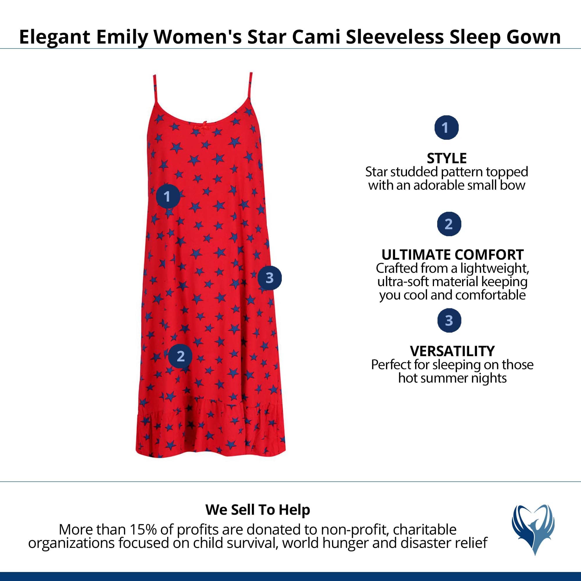 Elegant Emily Women's Star Cami Sleeveless Sleep Gown - Red