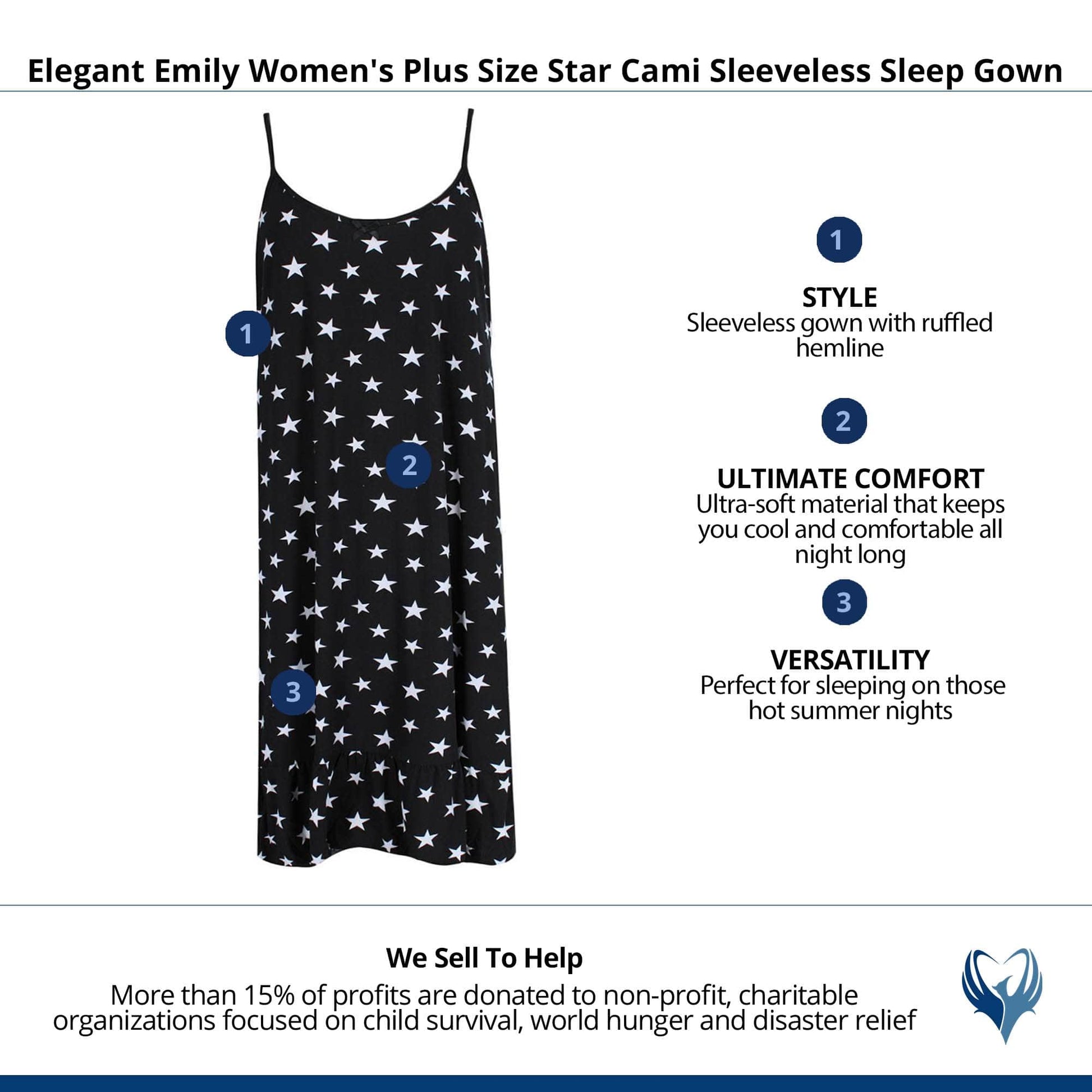 Elegant Emily Women's Plus Size Star Cami Sleeveless Sleep Gown - Black
