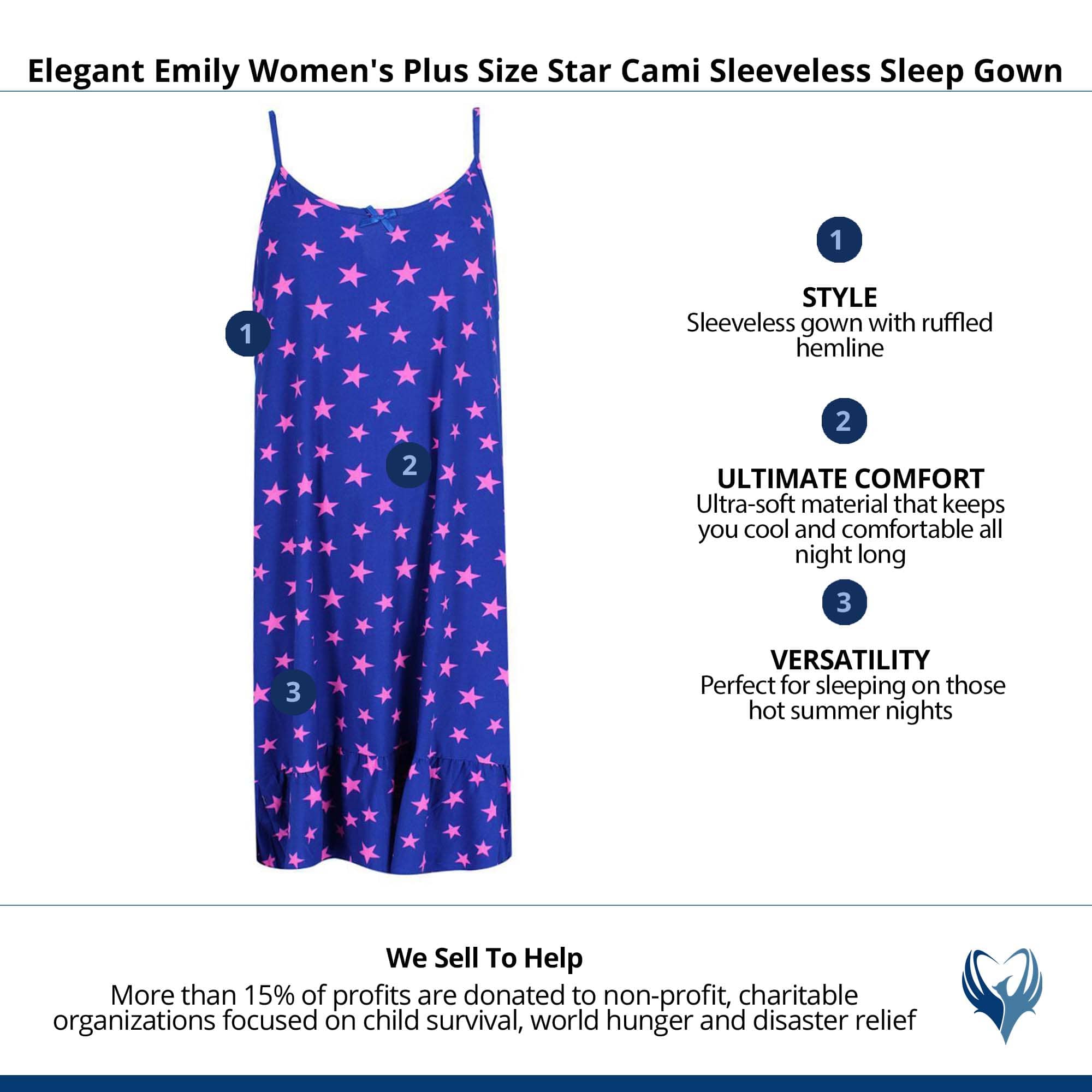 Elegant Emily Women's Plus Size Star Cami Sleeveless Sleep Gown - Blue