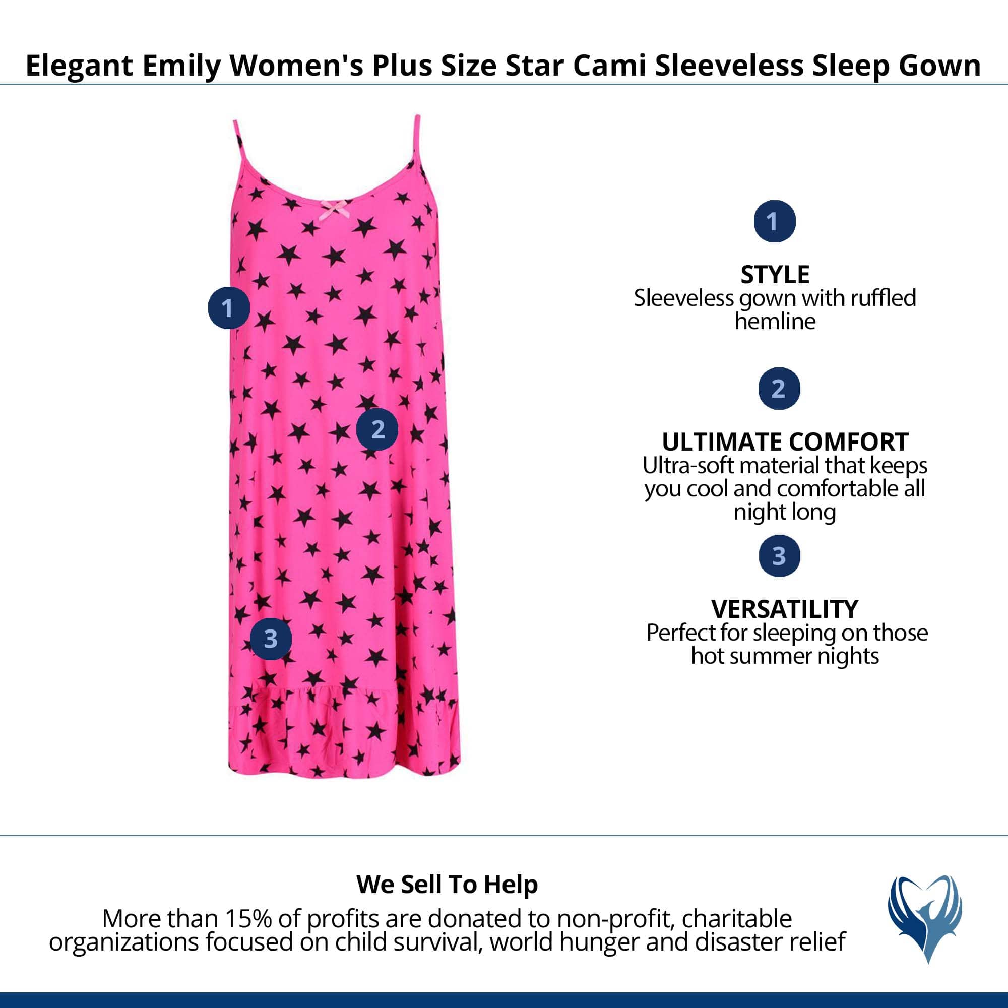 Elegant Emily Women's Plus Size Star Cami Sleeveless Sleep Gown - Pink