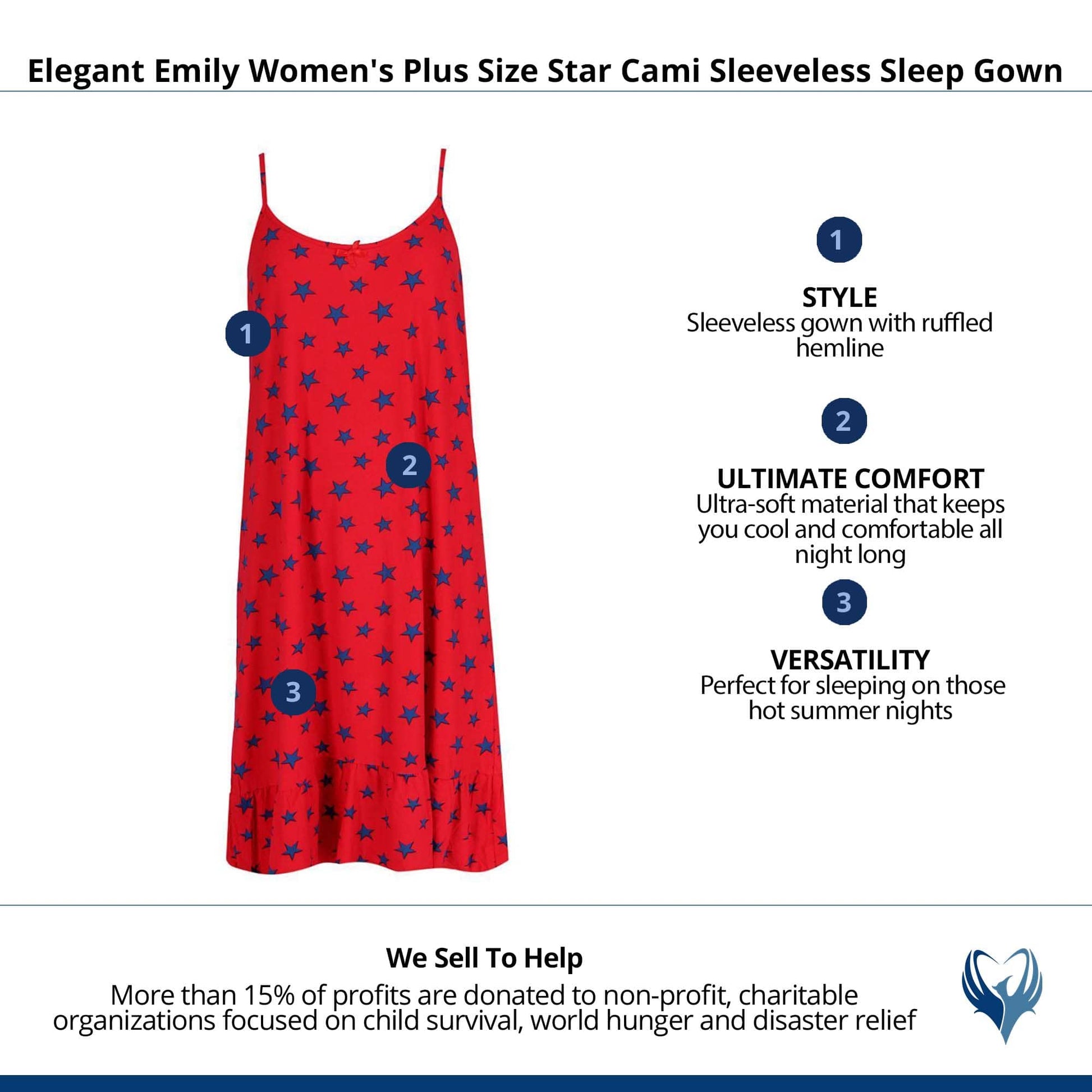 Elegant Emily Women's Plus Size Star Cami Sleeveless Sleep Gown - Red