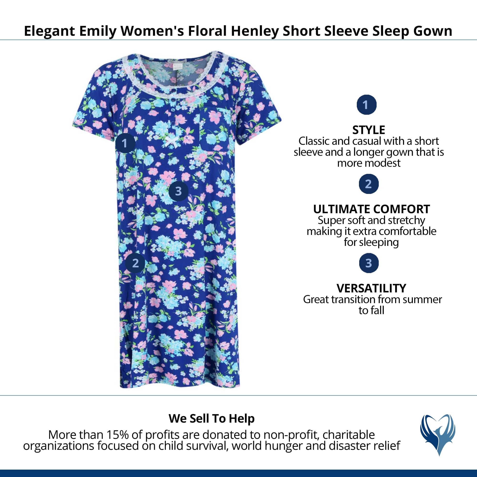 Elegant Emily Women's Floral Henley Short Sleeve Sleep Gown - Navy