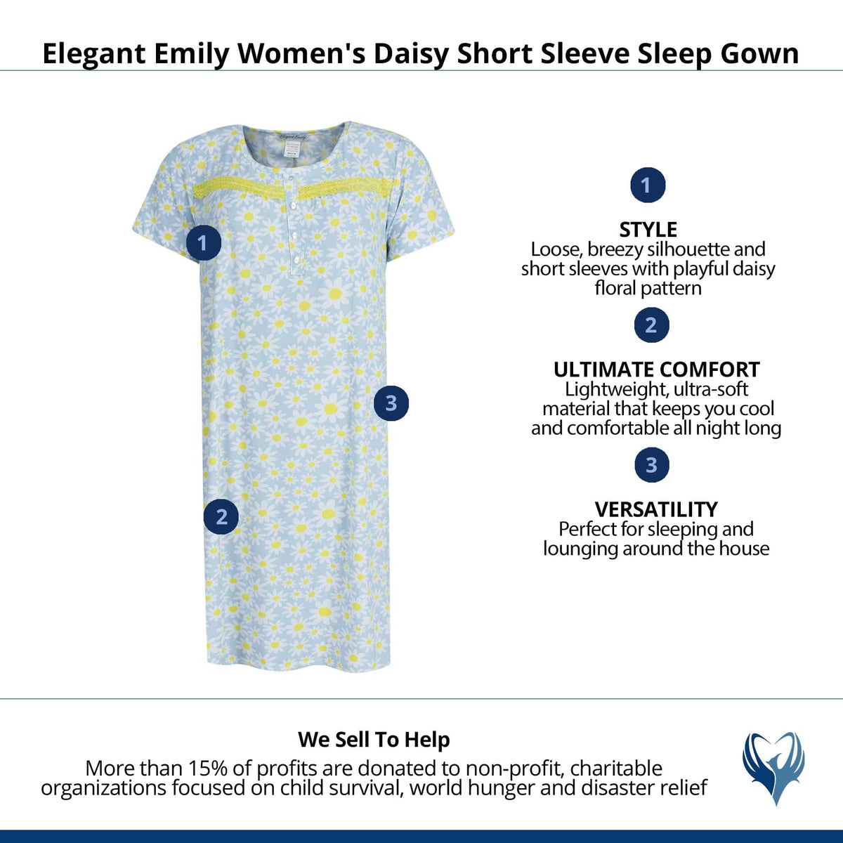 Elegant Emily Women's Daisy Short Sleeve Sleep Gown - Blue