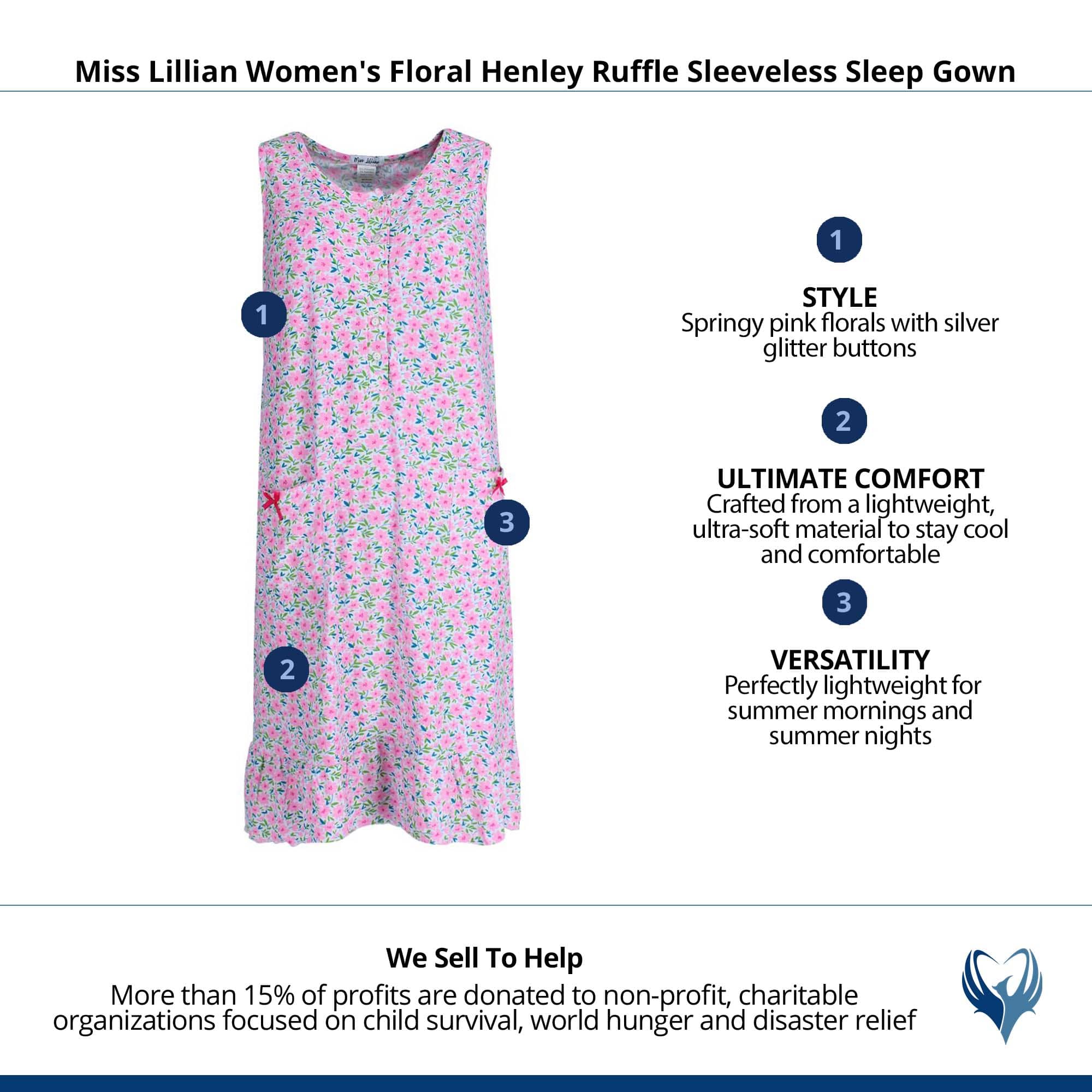 Miss Lillian Women's Floral Henley Ruffle Sleeveless Sleep Gown - Pink
