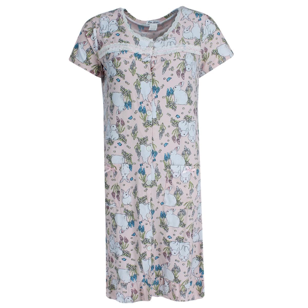 Miss Lillian Women's Floral Bunny Ruffle Short Sleeve Sleep Gown - Light Pink
