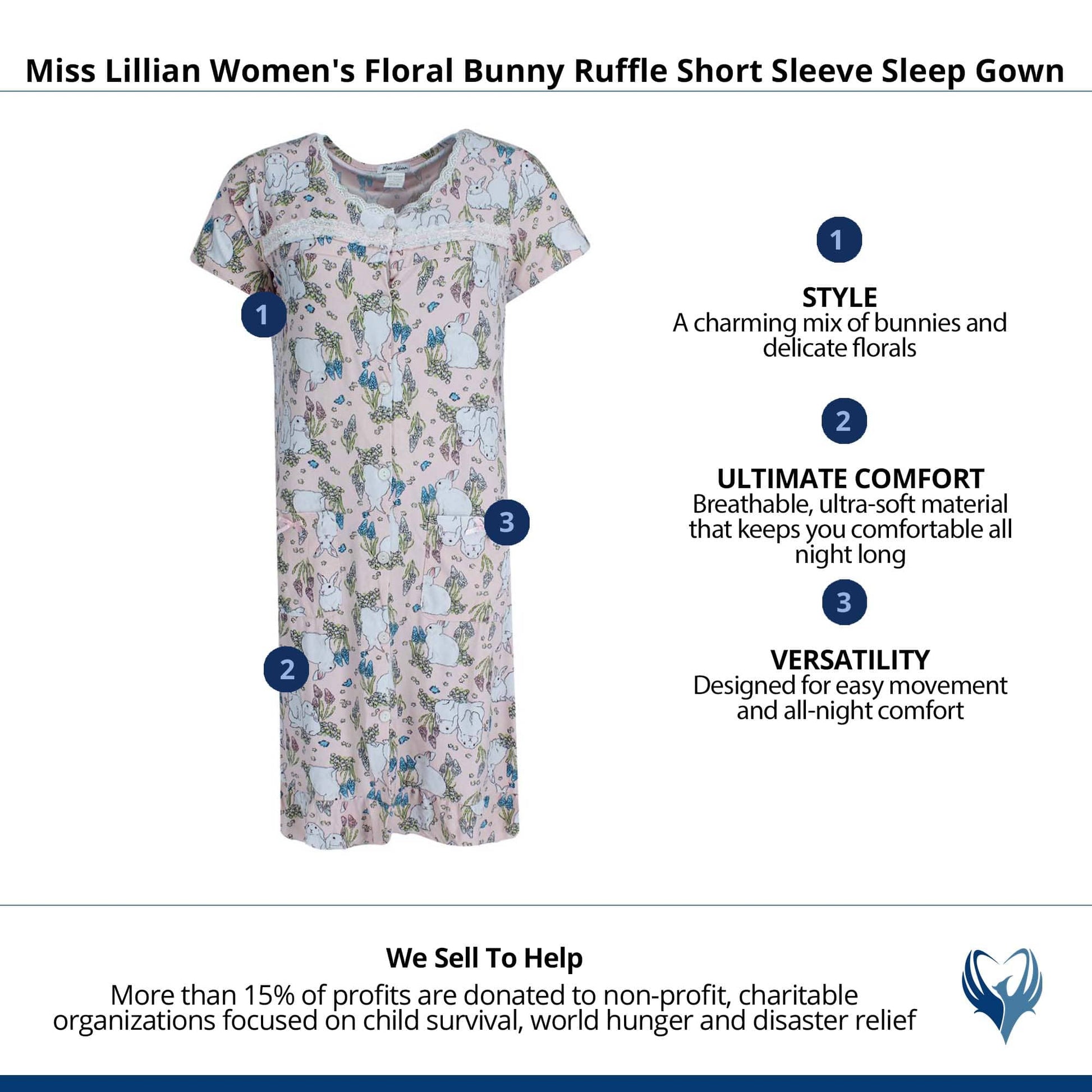 Miss Lillian Women's Floral Bunny Ruffle Short Sleeve Sleep Gown - Light Pink