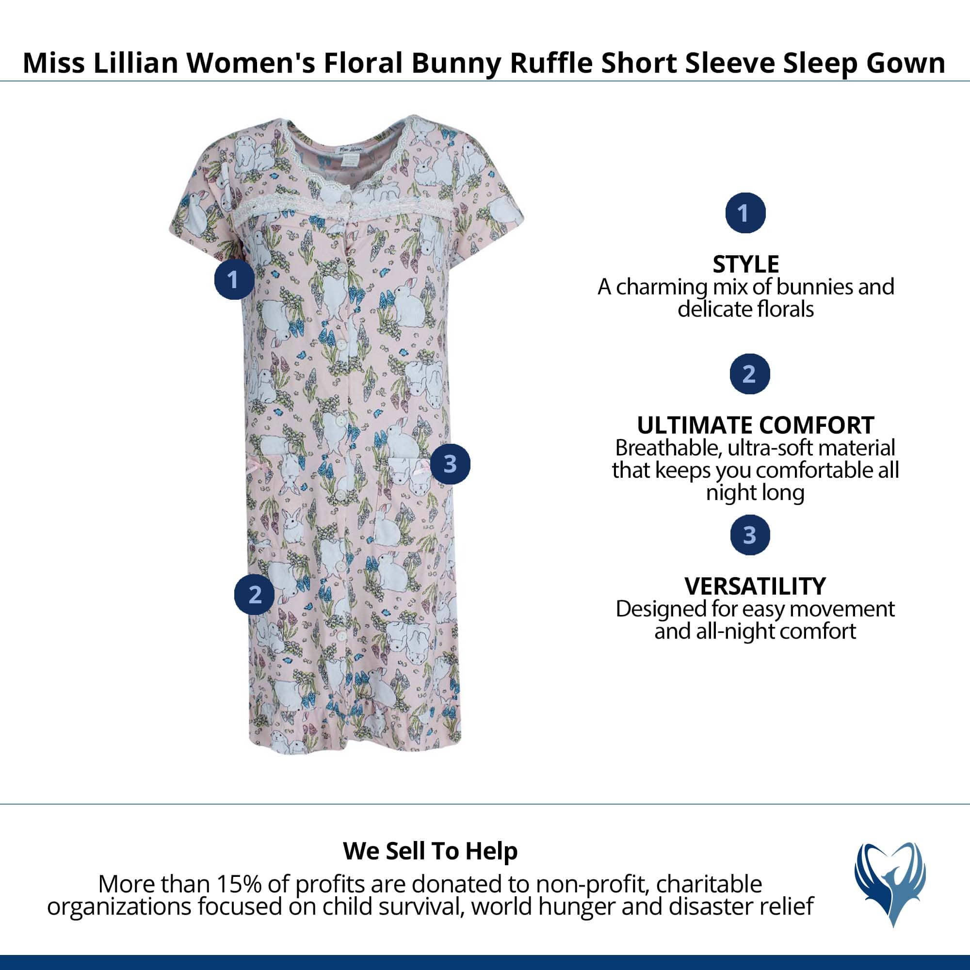 Miss Lillian Women's Floral Bunny Ruffle Short Sleeve Sleep Gown - Light Pink